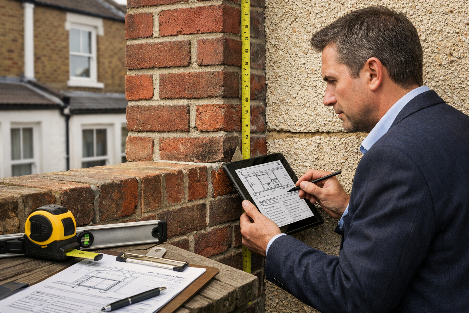 () editorial image showing a professional party wall surveyor in business attire conducting a site inspection at a terraced