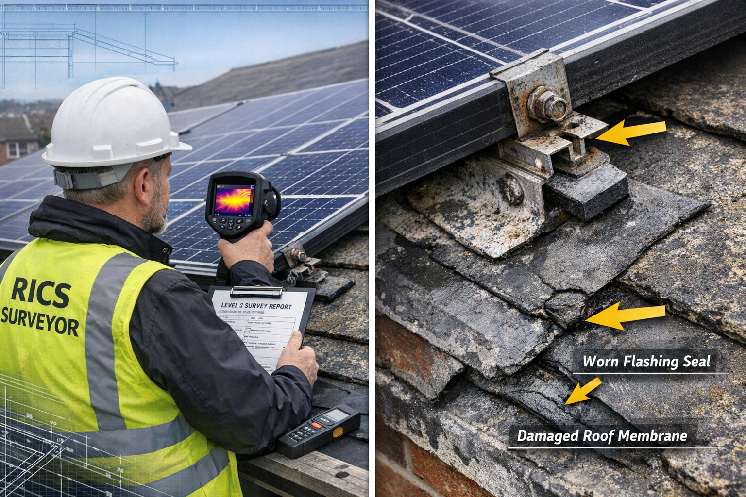 () editorial image showing split-screen composition: left side displays chartered surveyor conducting detailed Level 3