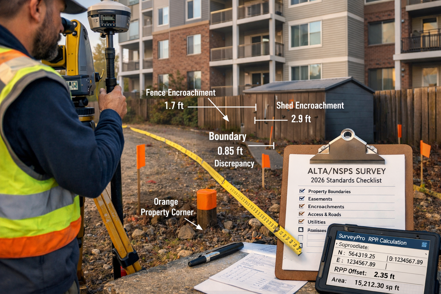 Detailed () image showing close-up of professional surveyor conducting ALTA/NSPS boundary survey with modern GPS equipment