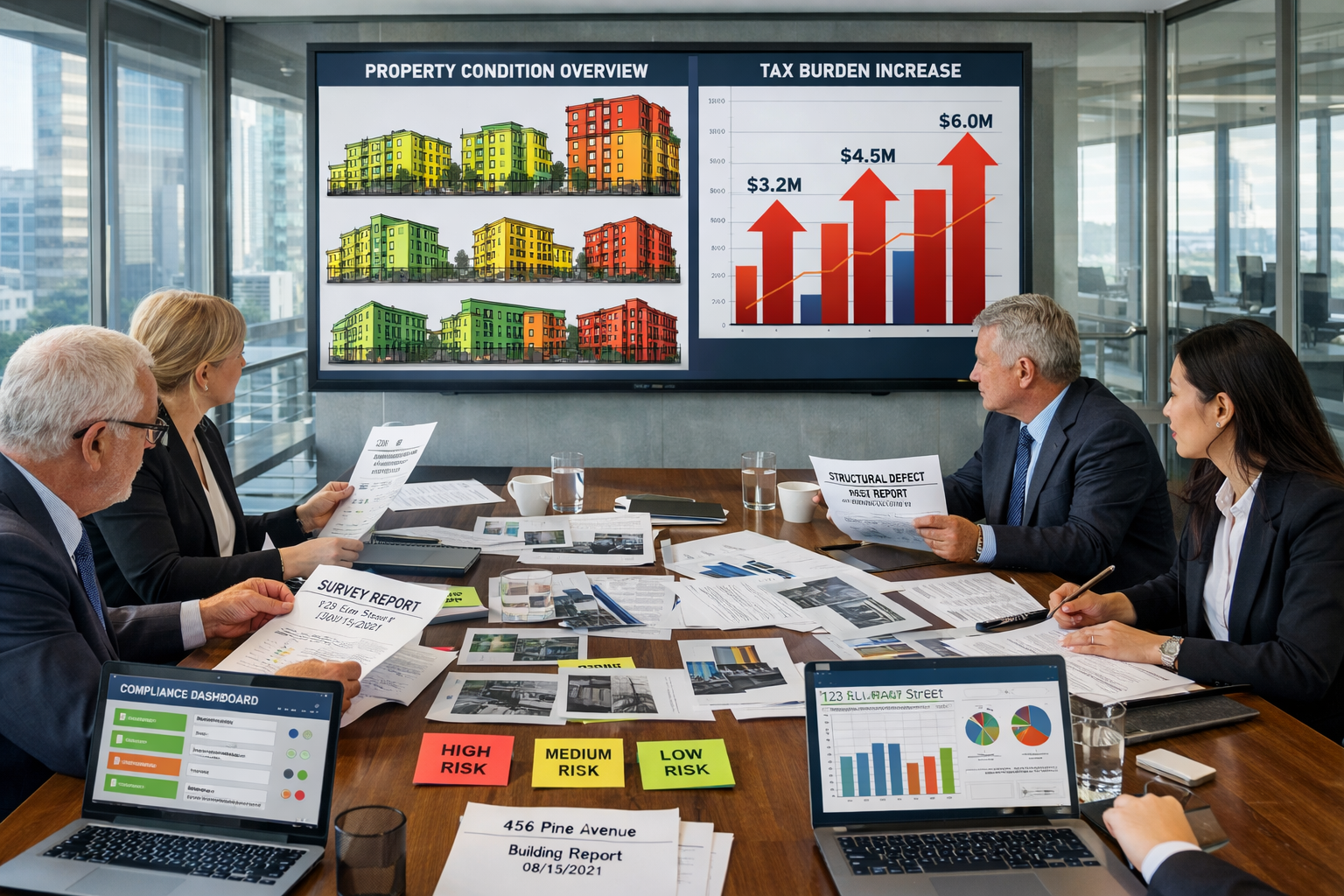 Wide-angle () image of institutional landlord portfolio risk assessment meeting in modern glass-walled conference room,