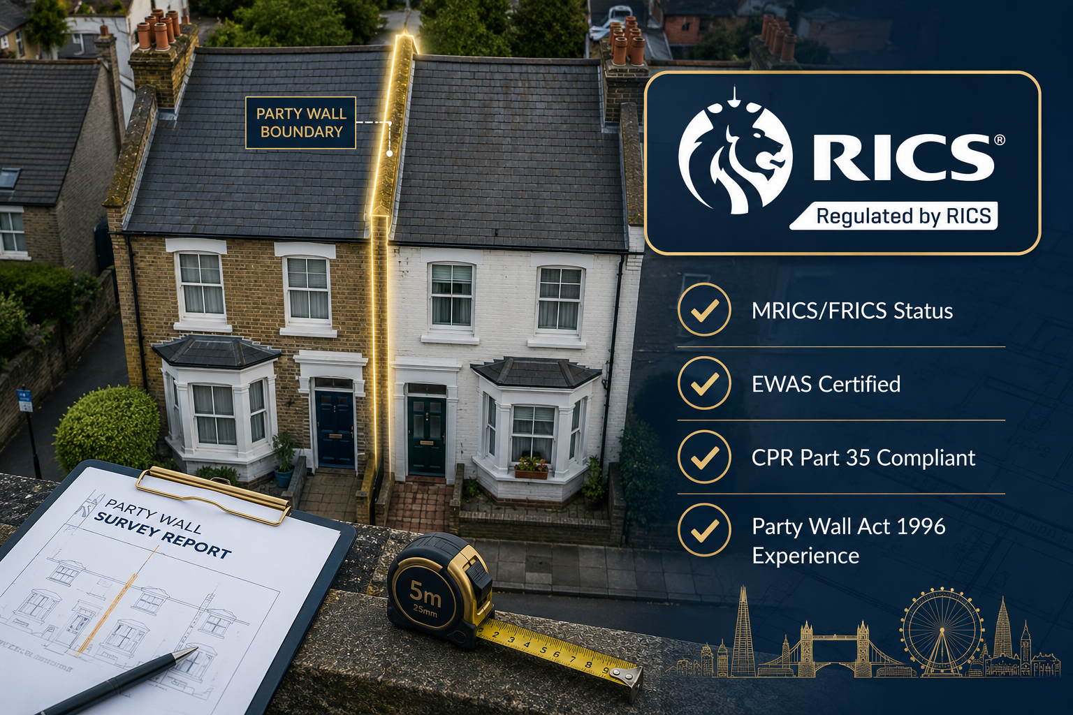 () editorial illustration showing a close-up aerial view of a UK residential street with a highlighted boundary wall between