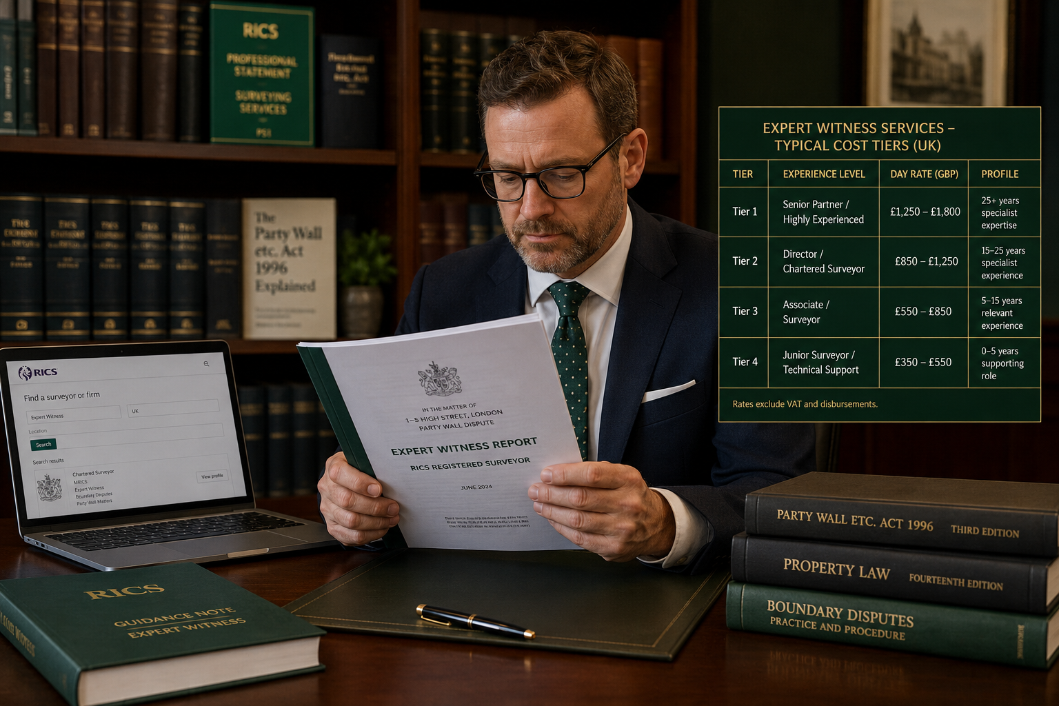 () showing a professional UK surveyor in business attire seated at a mahogany desk reviewing a formal expert witness report