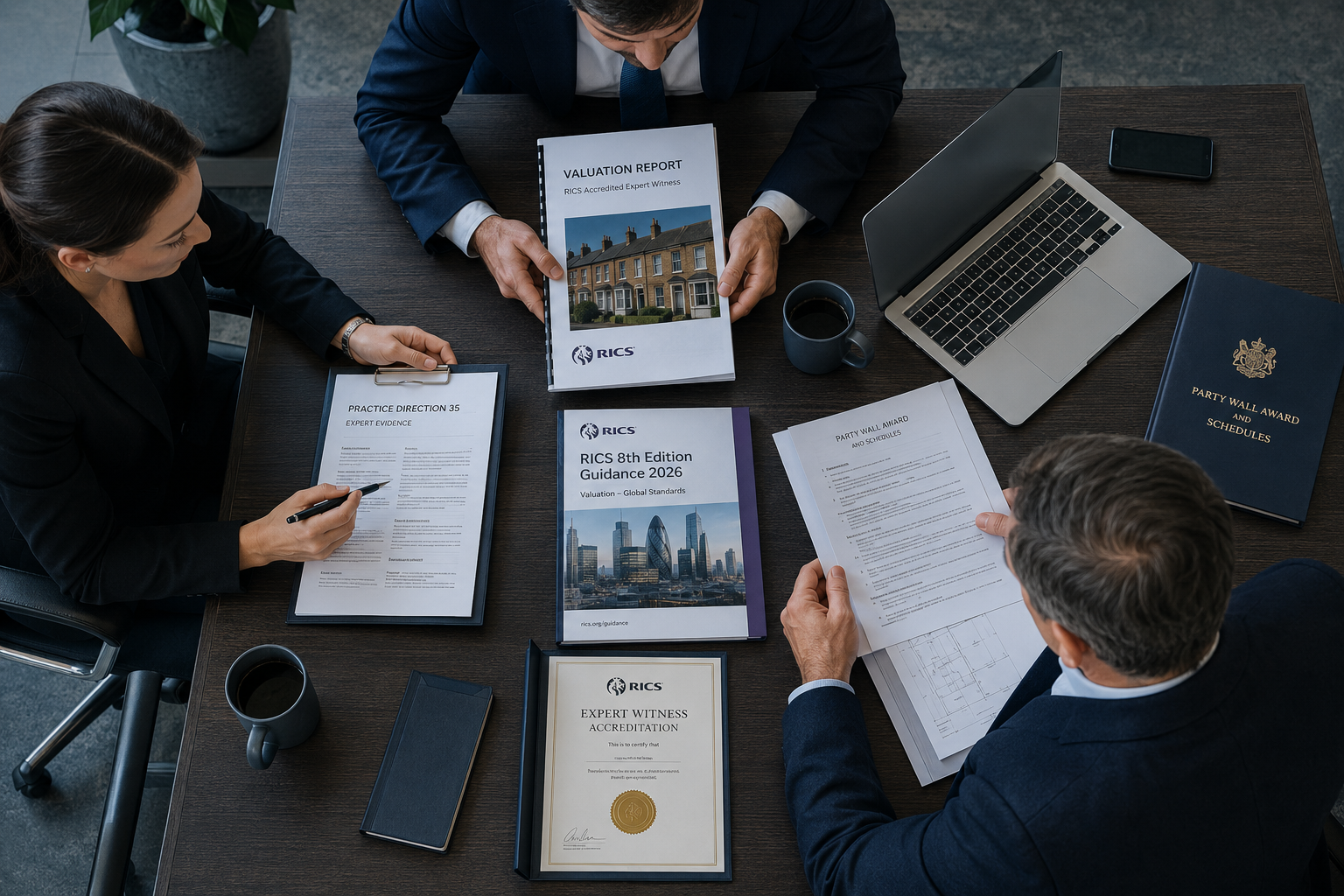 () depicting a bird's-eye view of a UK property dispute mediation table with three professionals: a solicitor, an