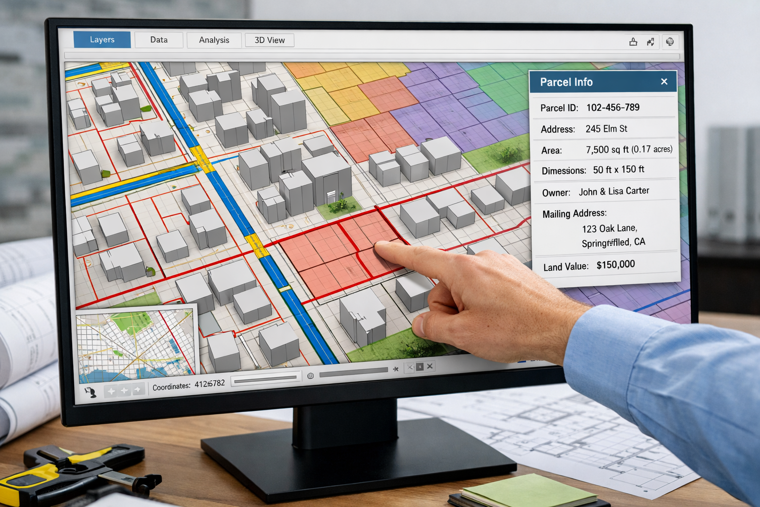 Detailed () image showing close-up of computer monitor displaying advanced GIS software interface with multiple data layers