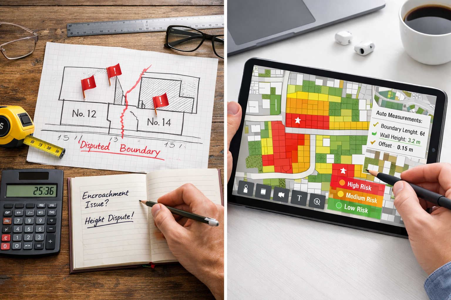 Wide () image depicting split-view comparison: left panel shows traditional paper-based party wall survey with hand-drawn