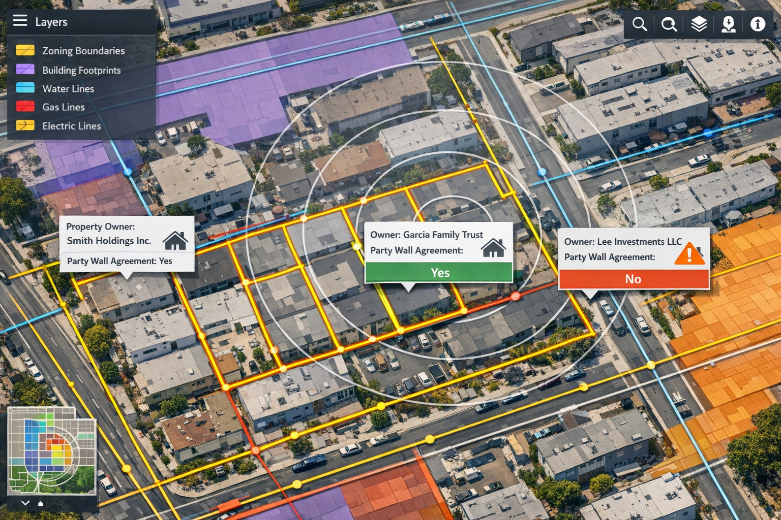Detailed () image showing aerial perspective of dense urban development site with multiple adjoining properties and shared