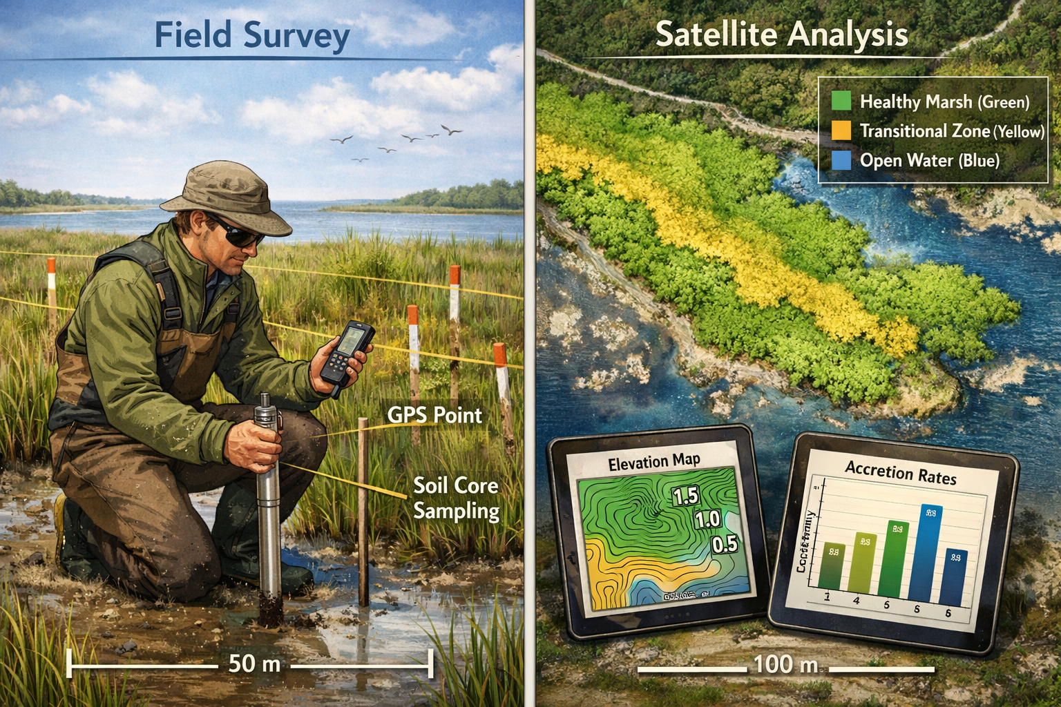 () detailed illustration showing split-screen comparison of wetland baseline survey methodology: left side displays surveyor