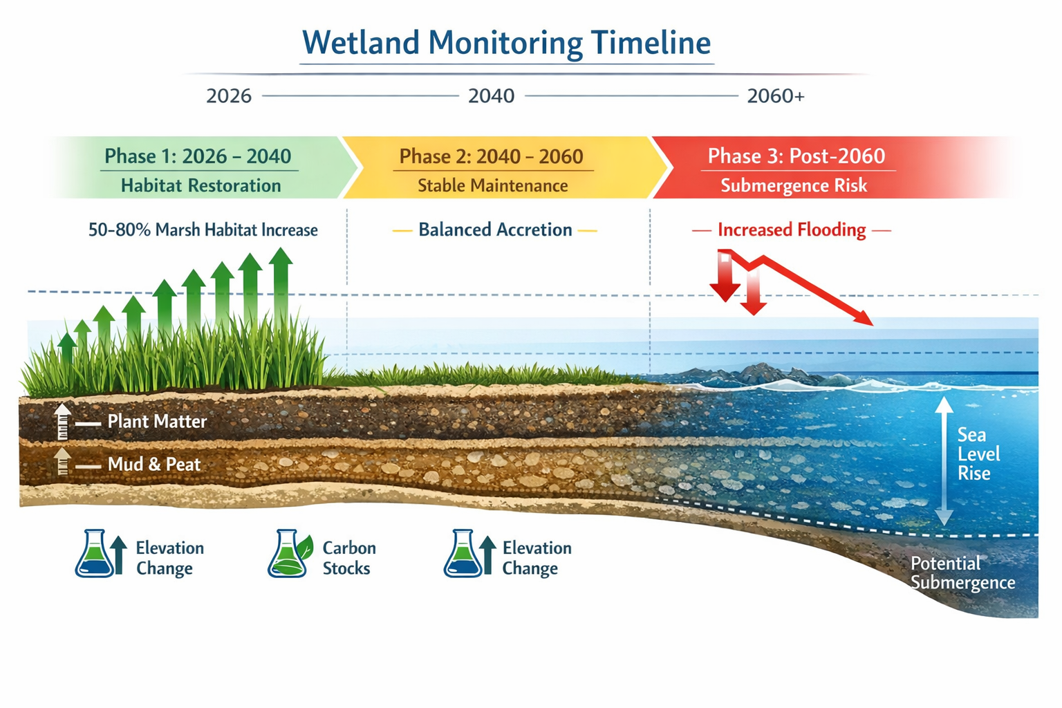 () technical infographic displaying wetland monitoring timeline from 2026 to 2060 with three distinct phases: Phase 1