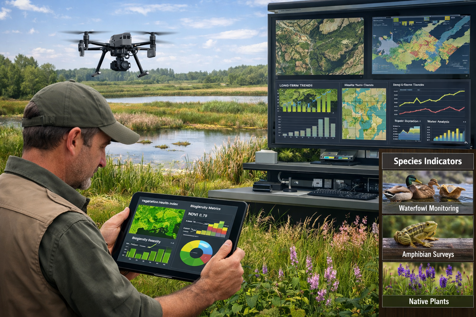() composite image showing integrated monitoring technology for wetland BNG projects: foreground features ecologist