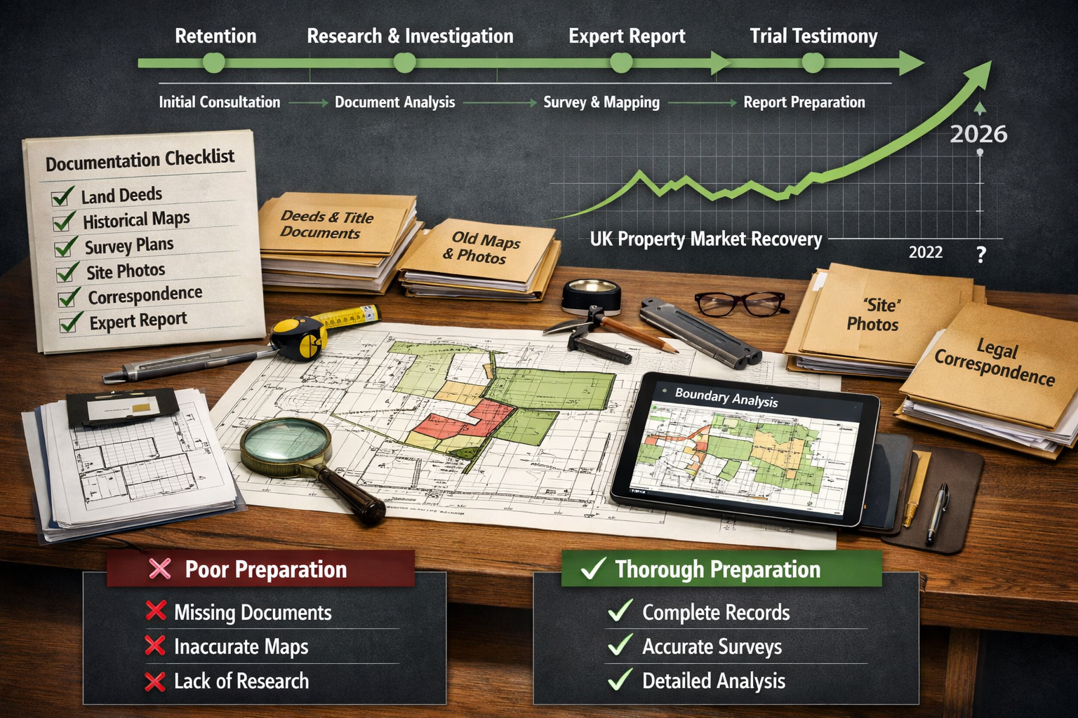Landscape format (1536x1024) comprehensive visual showing boundary dispute evidence preparation process. Central focus: large table with sur