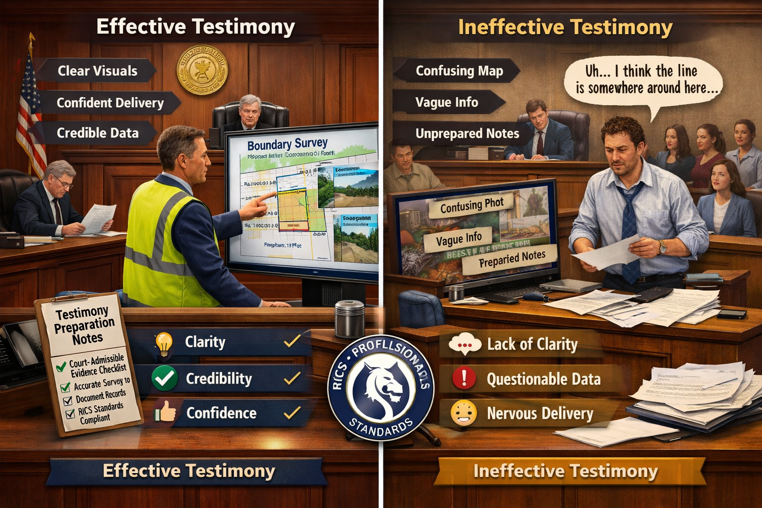 Landscape format (1536x1024) detailed courtroom testimony scenario illustration for boundary dispute expert witnesses. Main composition: pro
