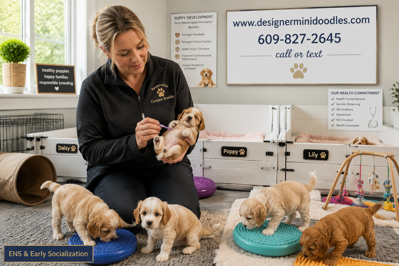 Detailed () image showing a responsible Cavapoo breeder in a clean, bright nursery room holding a tiny Cavapoo puppy while