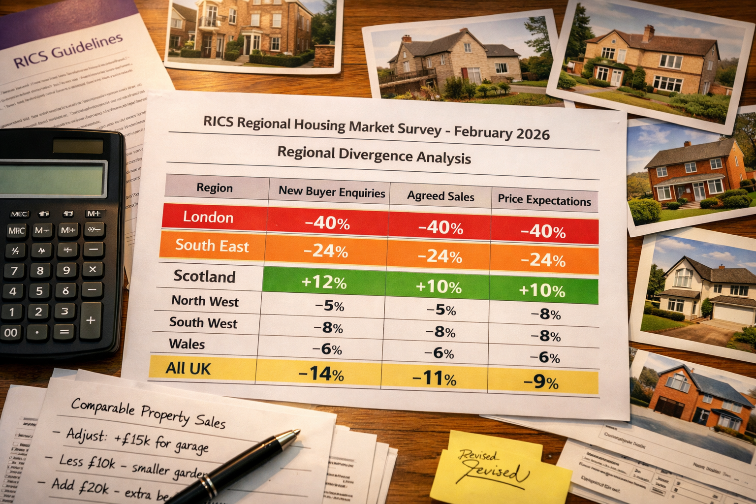 Detailed () image showing close-up of surveyor's desk workspace with UK regional market data spread across multiple