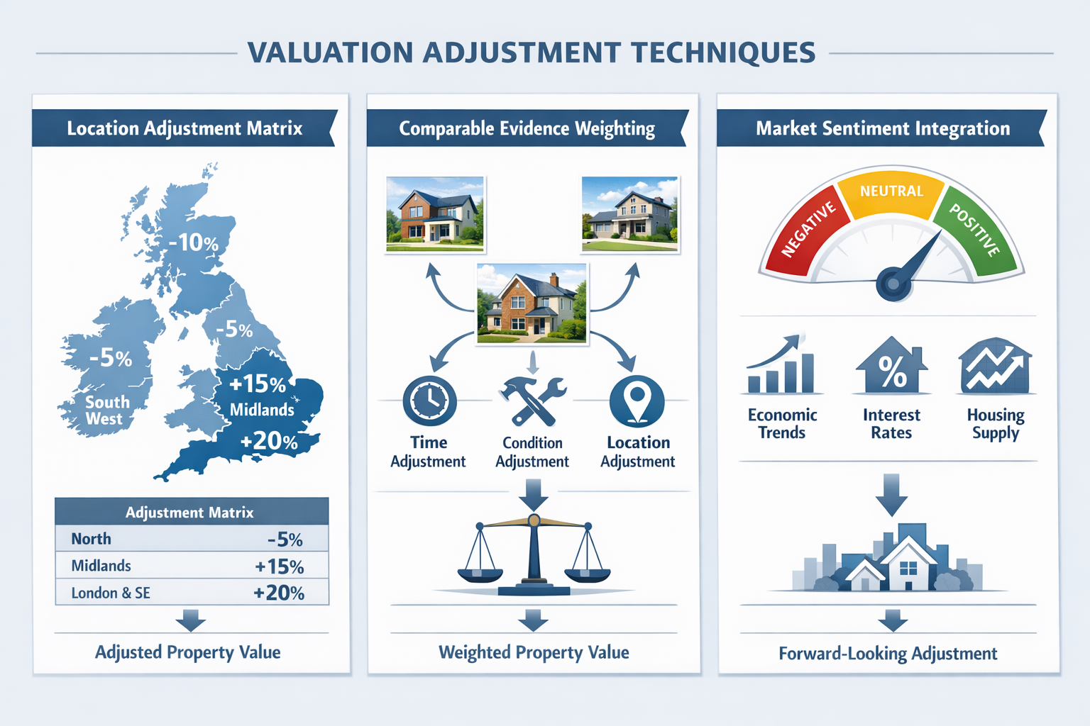 Detailed () infographic-style image displaying three distinct valuation adjustment techniques as vertical panels. Left panel
