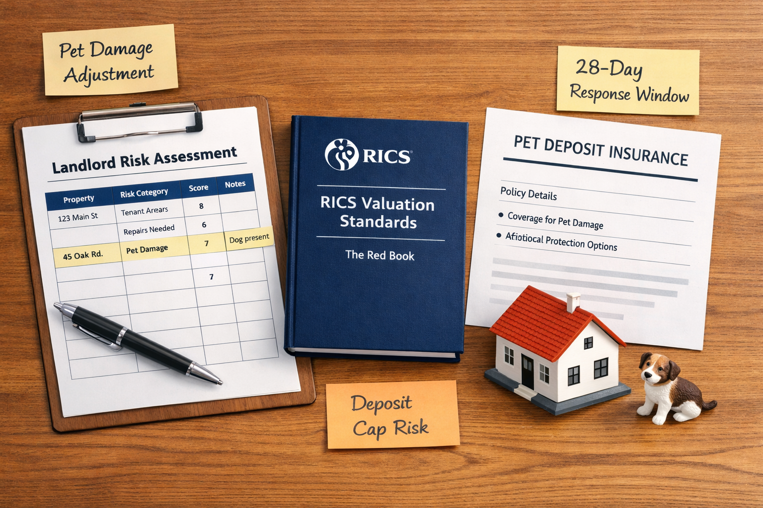 Overhead flat-lay infographic-style image showing a wooden desk with a landlord risk assessment spreadsheet, RICS Red Book