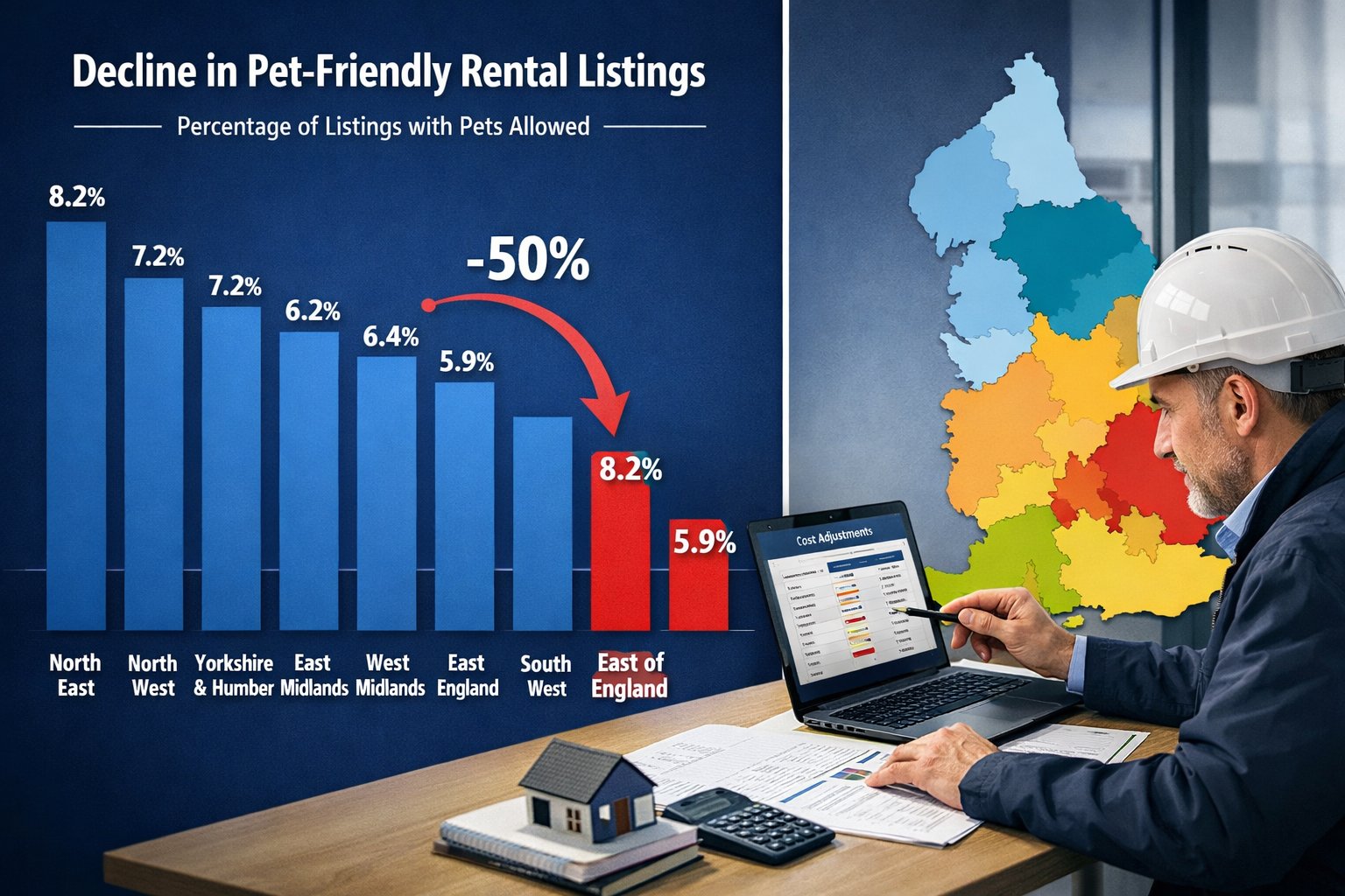 Split-screen editorial image: left side shows a bar chart graphic illustrating pet-friendly rental listing decline from 8.2%