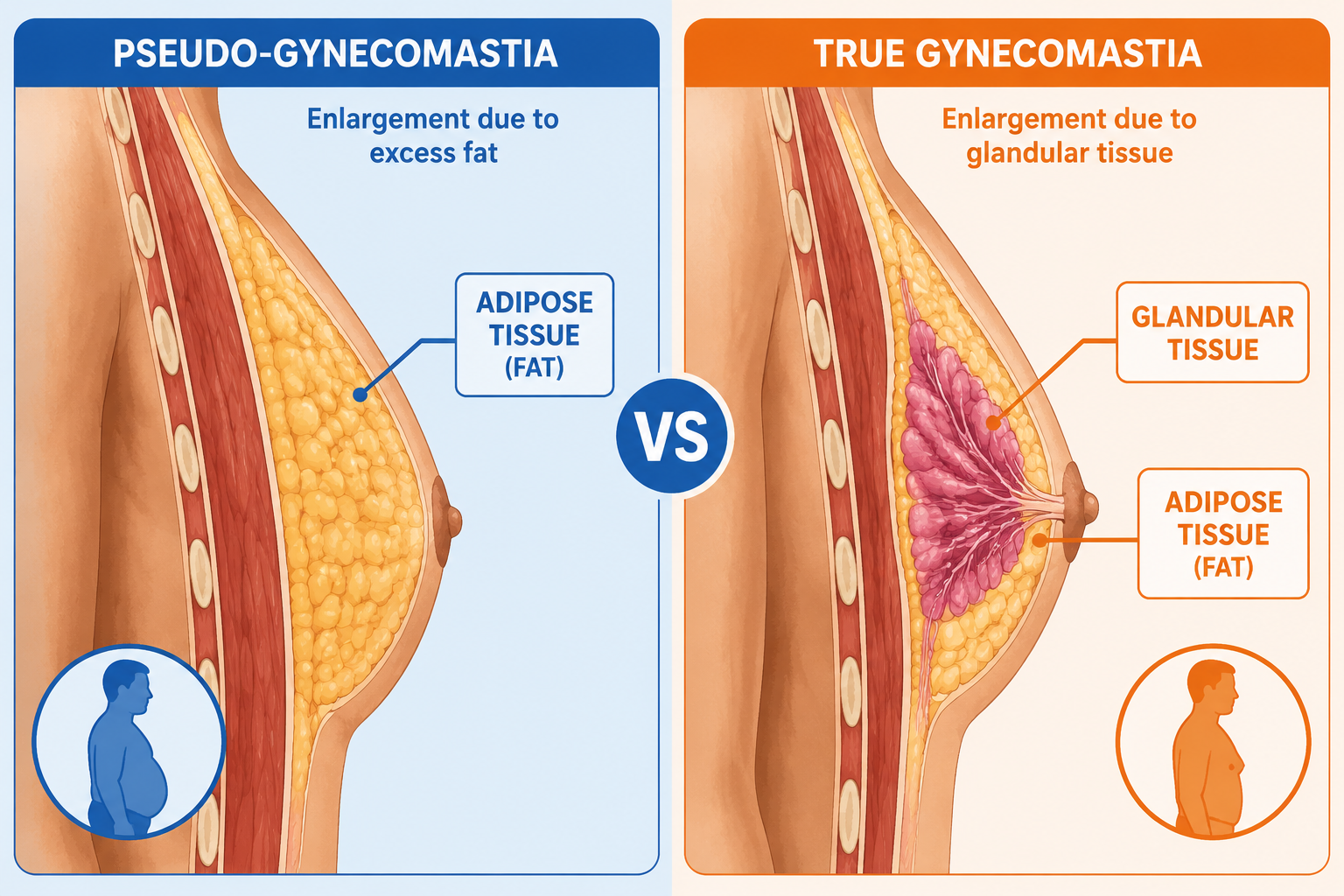 Split medical diagram showing pseudo-gynecomastia vs true gynecomastia cross-section, labeled adipose tissue and glandular