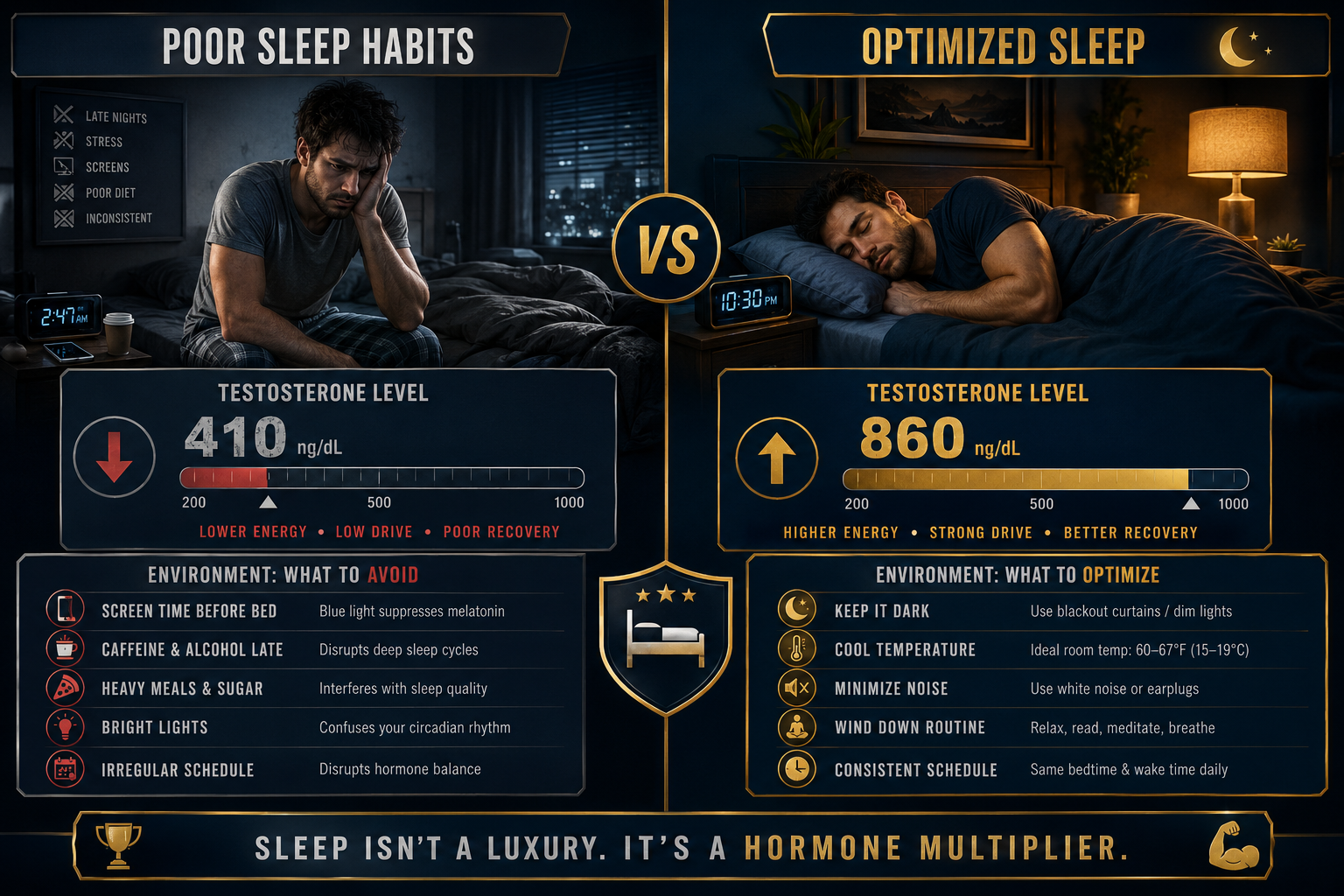 Split comparison visual: man with poor sleep habits vs optimized sleep showing testosterone level bars, bedroom environment