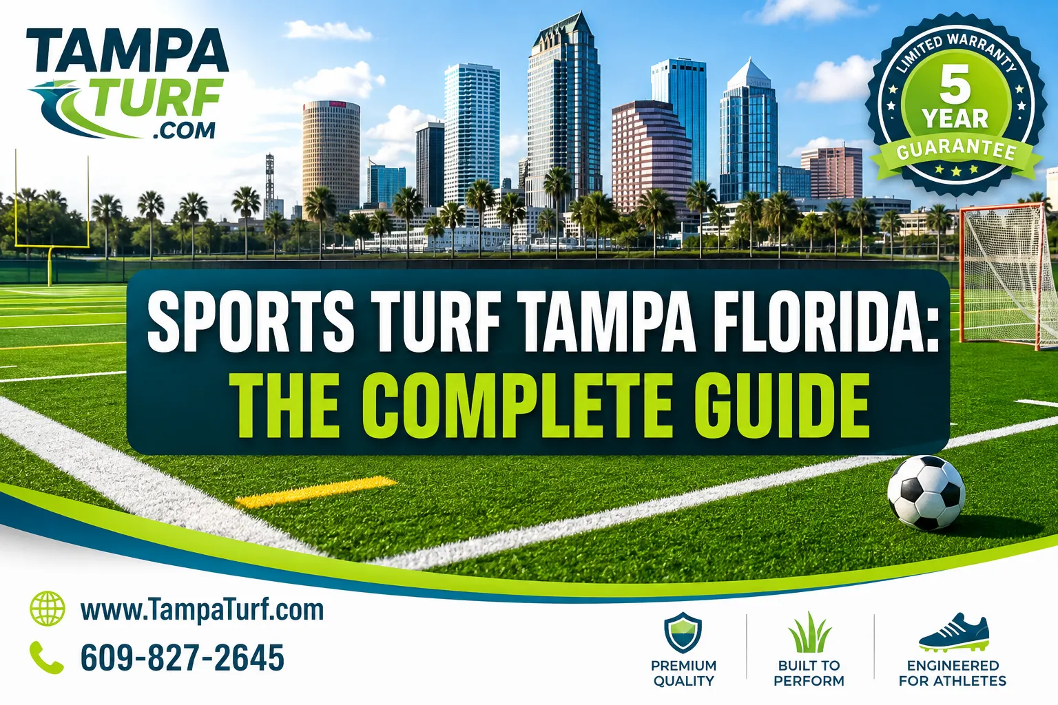 A reading "Sports Turf Tampa Florida: The Complete…". CRITICAL TYPOGRAPHY RULES: render the text on 1–2 lines, centered,