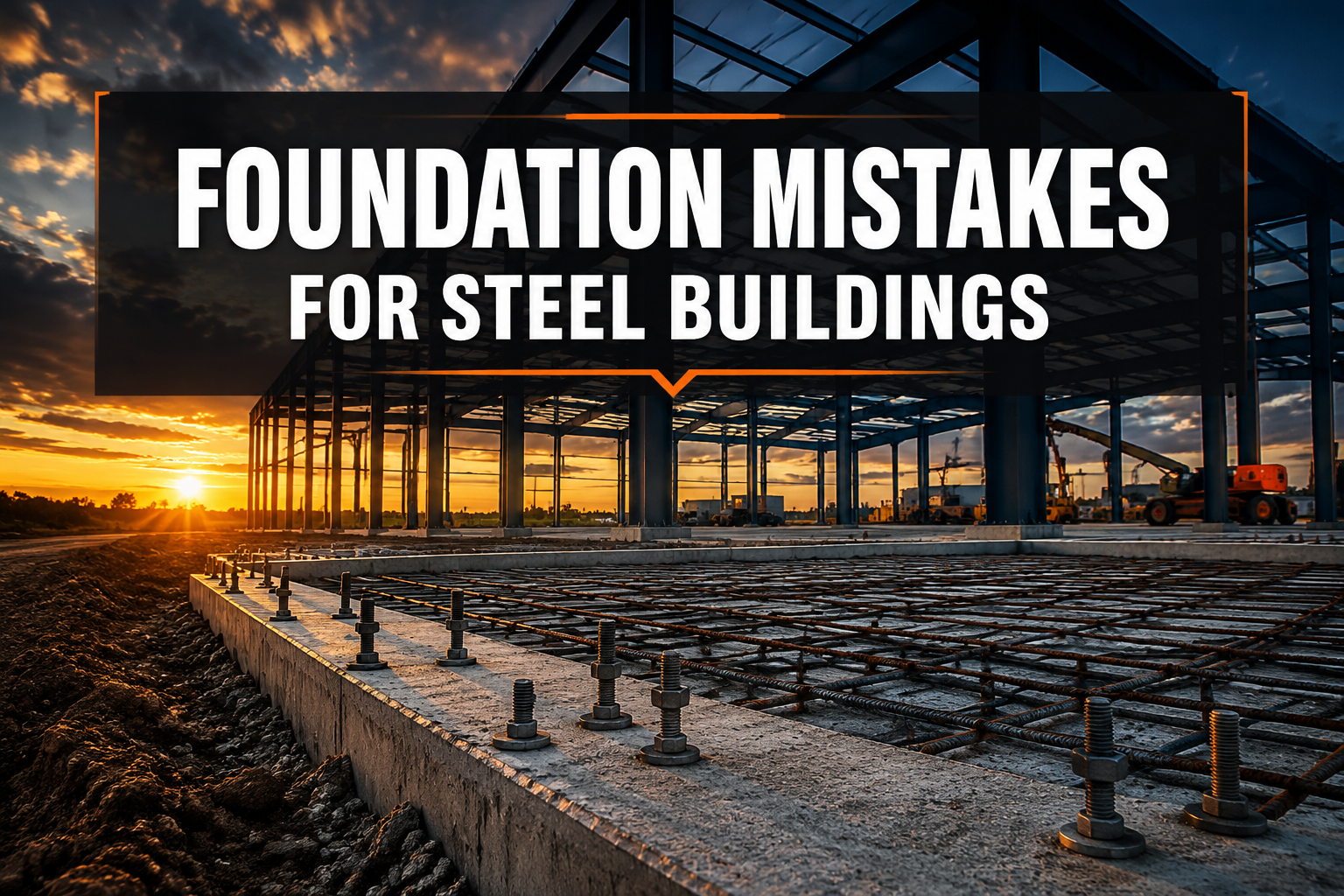 Professional () hero image with : 'Foundation Mistakes for Steel Buildings' in extra large white with dark drop , centered