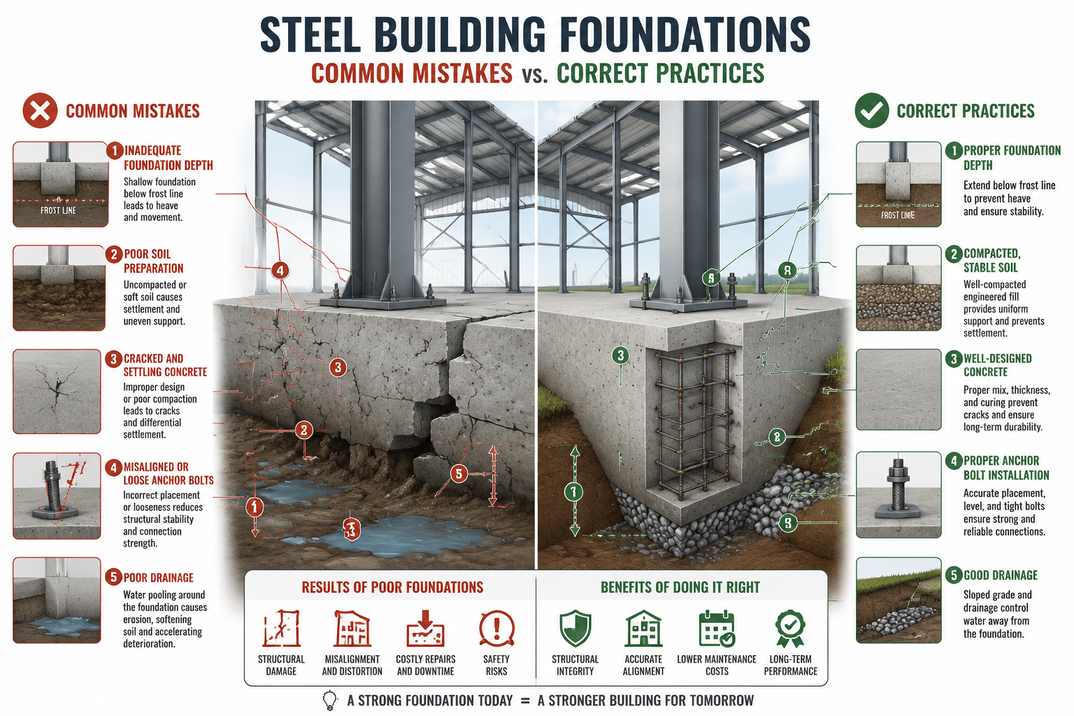 Detailed () educational infographic-style illustration showing a split-scene comparison: on the left, a cracked and uneven
