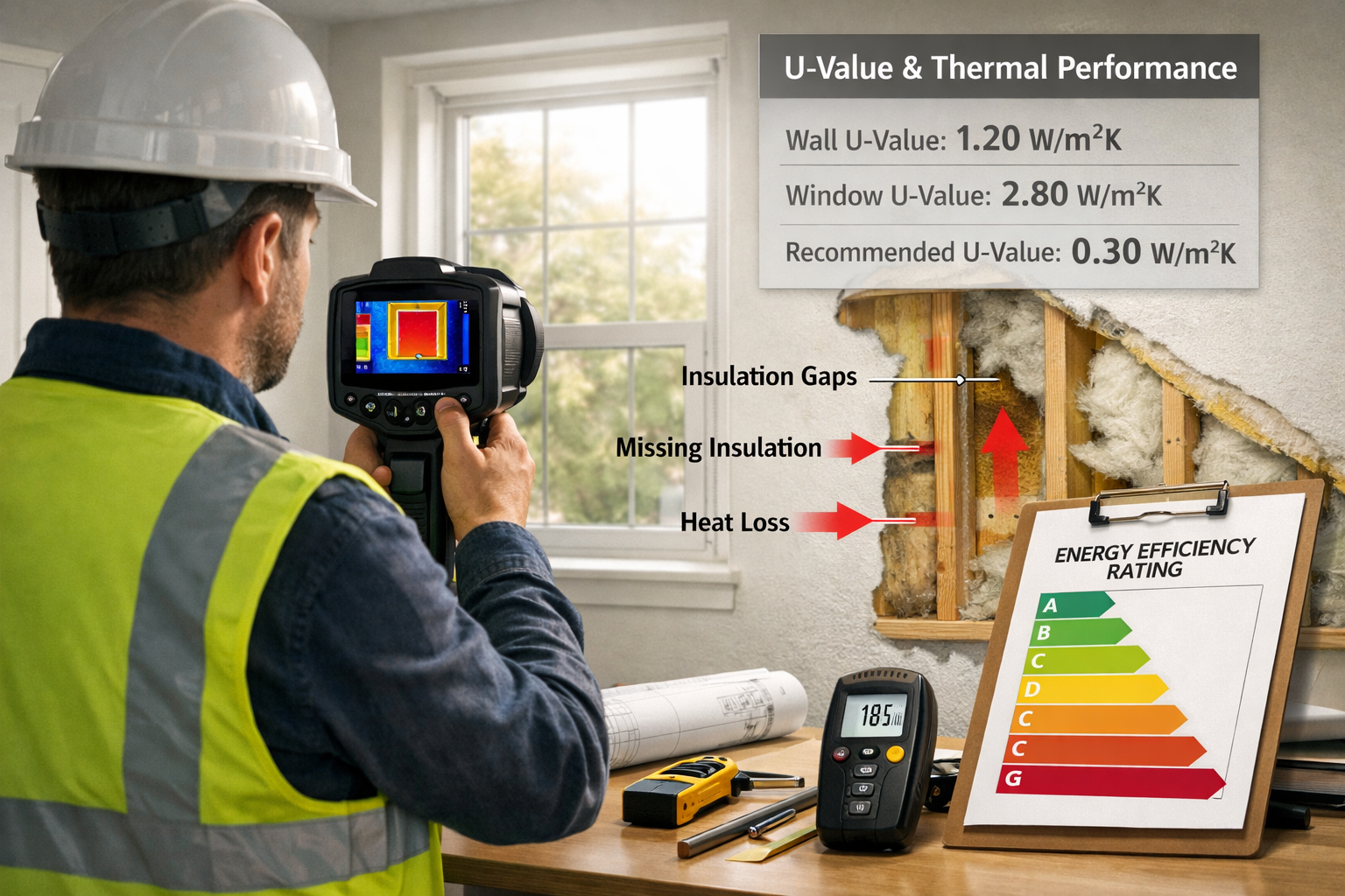 Detailed () image showing professional building surveyor conducting energy efficiency assessment inside residential