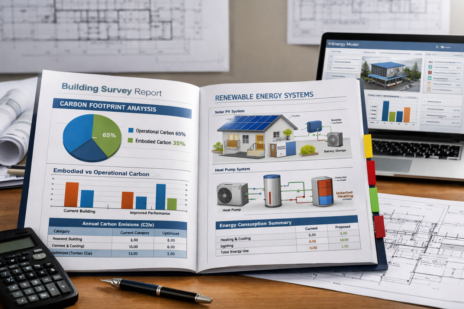 Wide-angle () photograph of comprehensive building survey report laid open on architect's desk showing detailed carbon