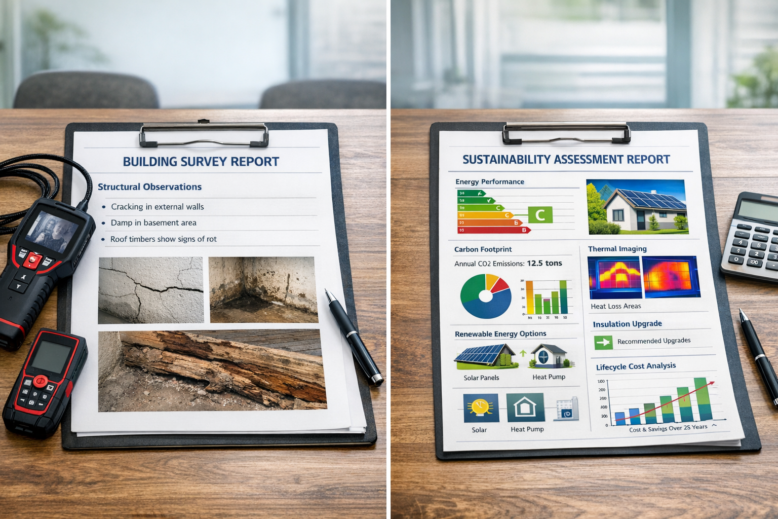 () split-screen comparison image showing traditional building survey report on left side with basic structural findings and