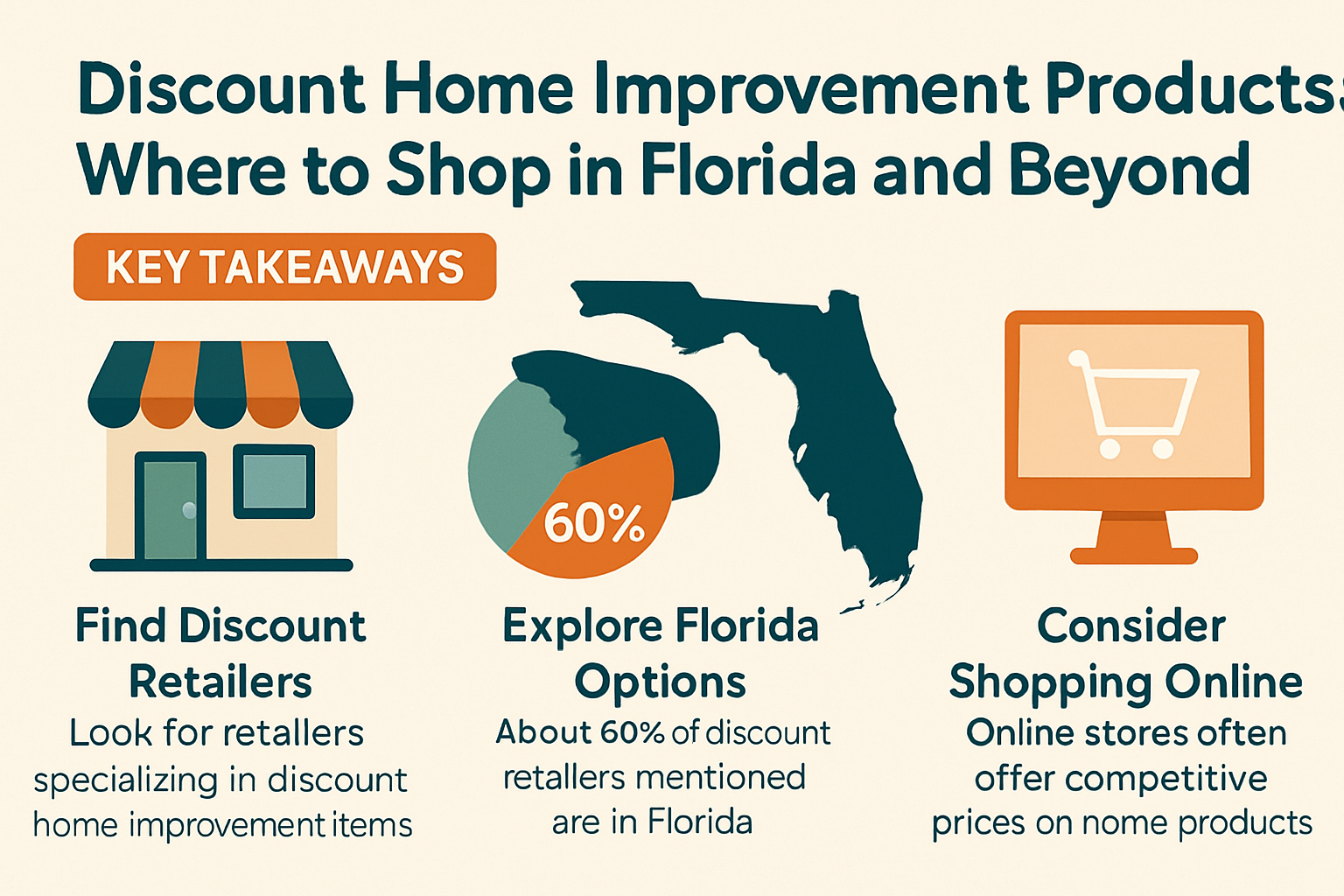 Professional landscape infographic (1536x1024) for article "Discount Home Improvement Products: Where to Shop in Florida and Beyond", sectio