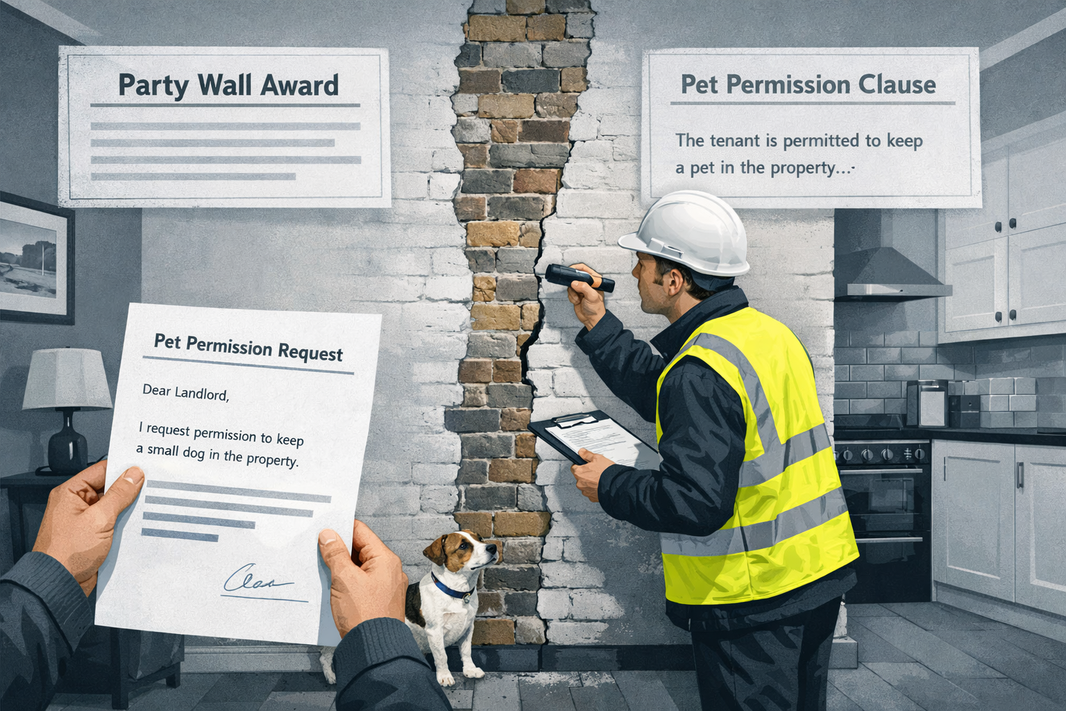 Wide-angle editorial illustration showing a UK party wall between two adjoining terraced properties, with a surveyor in hard