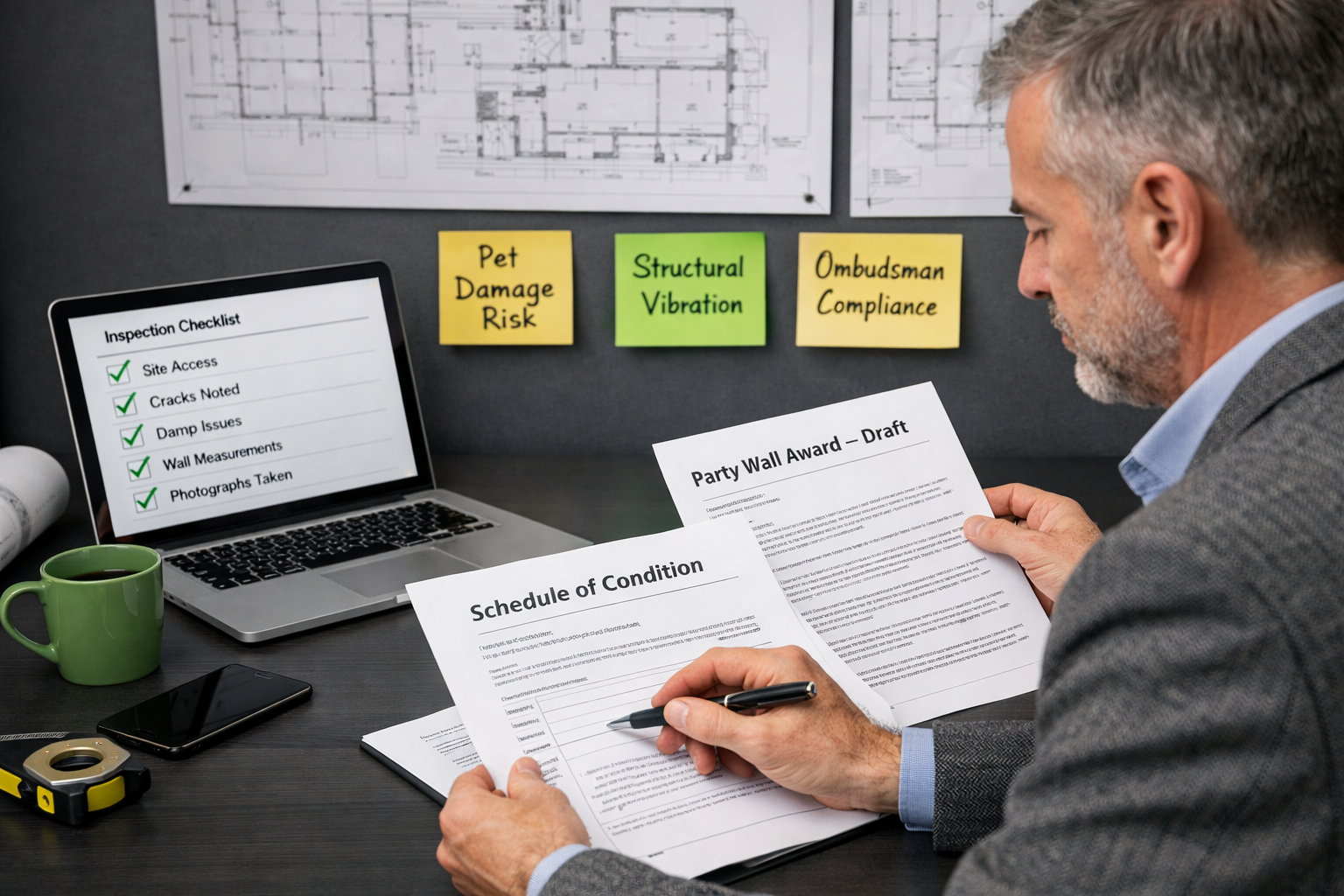 Editorial landscape image () showing a professional chartered surveyor at a desk reviewing a Schedule of Condition document
