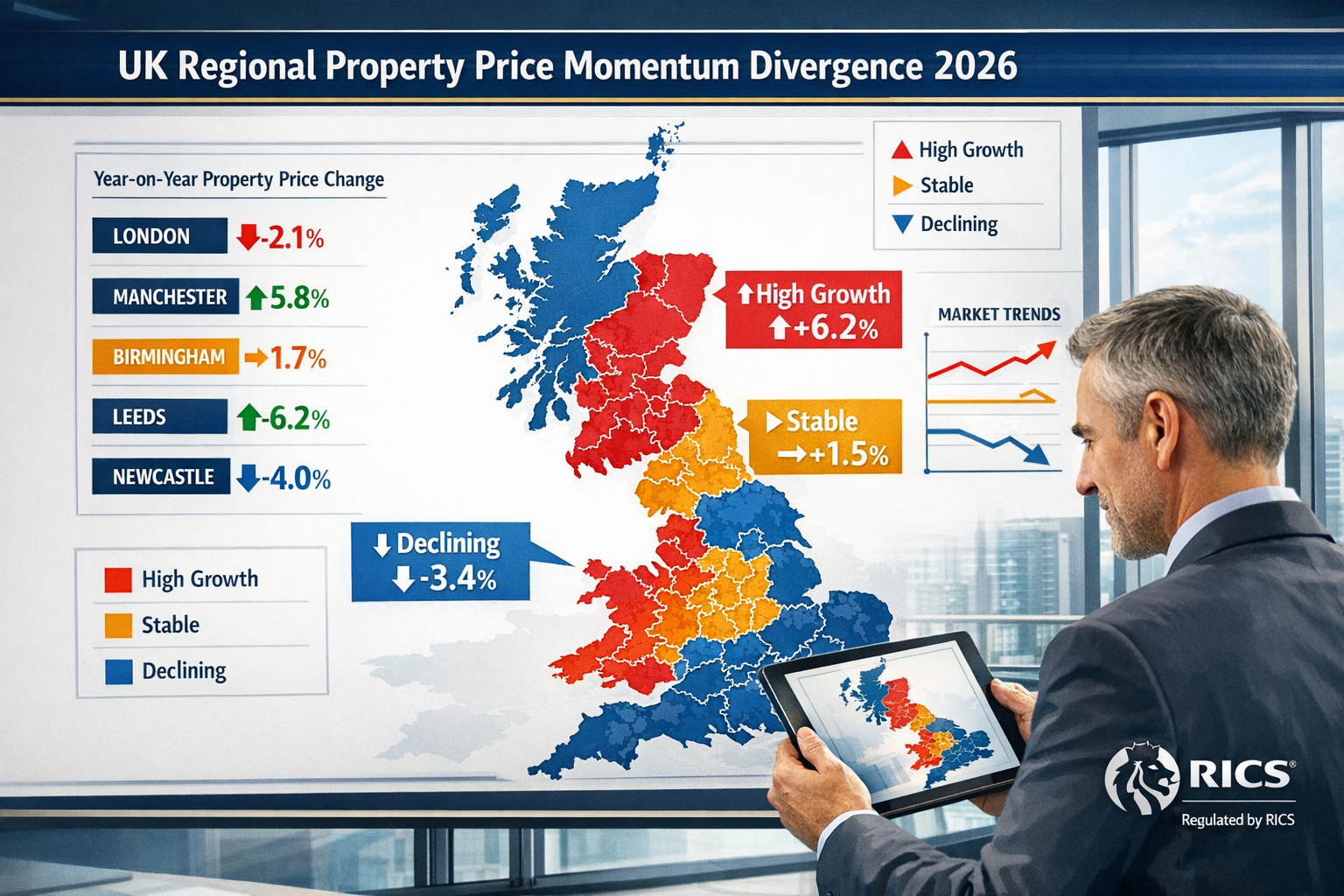 () detailed infographic showing UK regional property price momentum divergence map for 2026. Central focus on color-coded