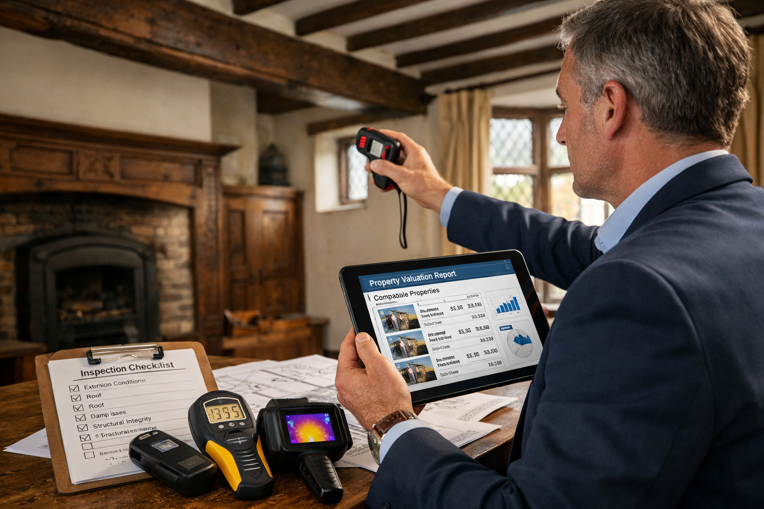 () close-up scene of chartered surveyor conducting detailed property inspection inside period property. Surveyor wearing
