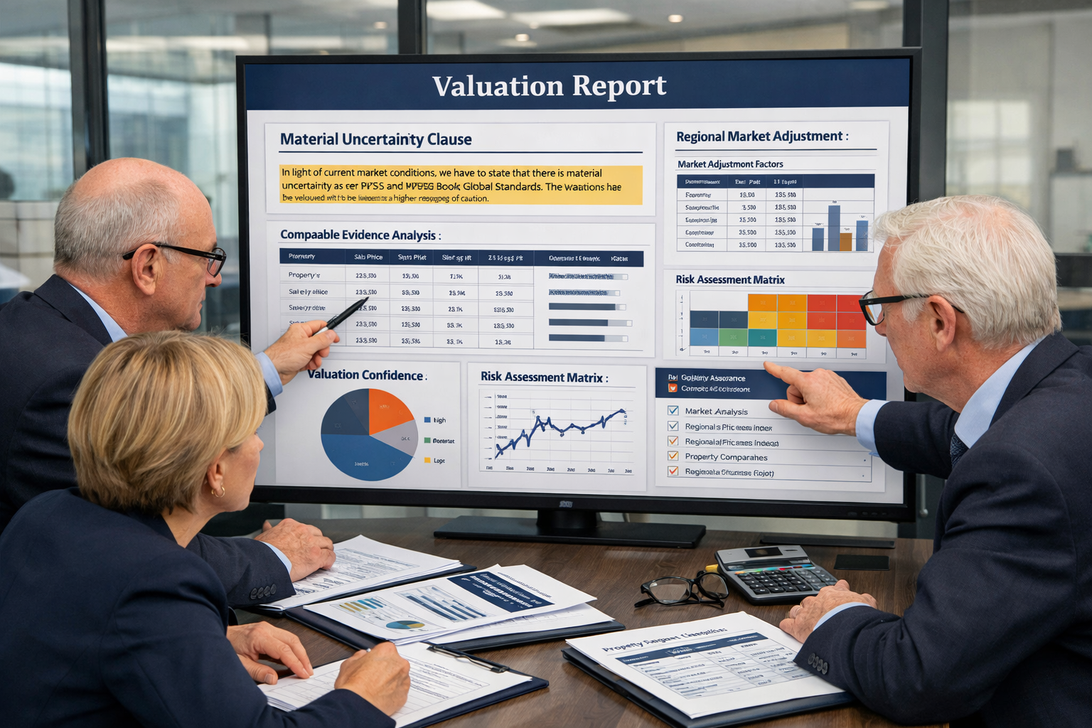 () professional office scene showing senior chartered surveyor team reviewing comprehensive valuation report on large
