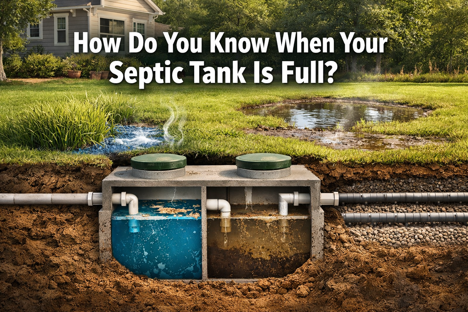 Professional landscape format (1536x1024) hero image featuring bold text overlay 'How Do You Know When Your Septic Tank Is Full?' in extra l