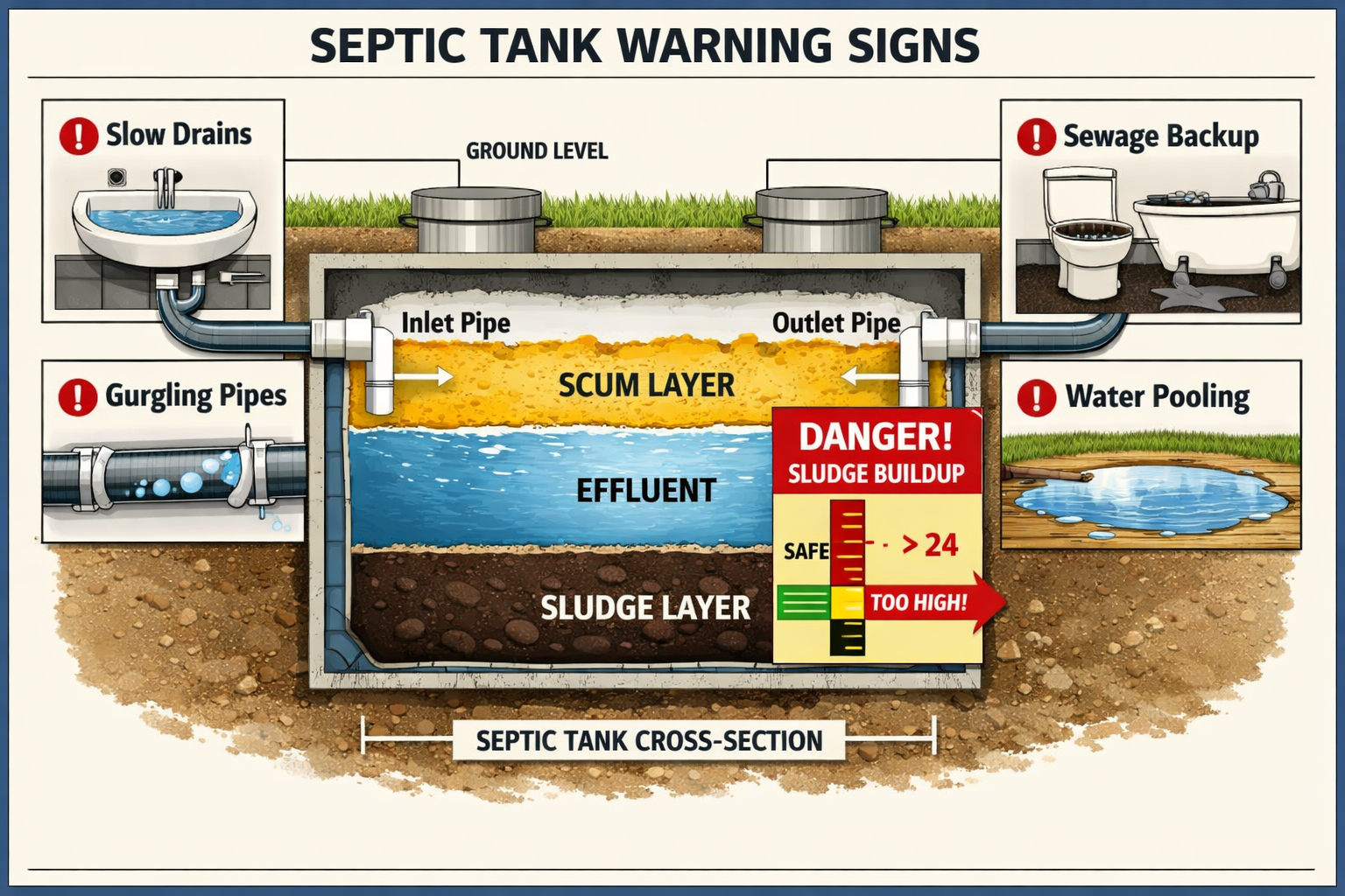 Detailed landscape format (1536x1024) infographic showing cross-section view of septic tank with three distinct layers - scum layer at top, 