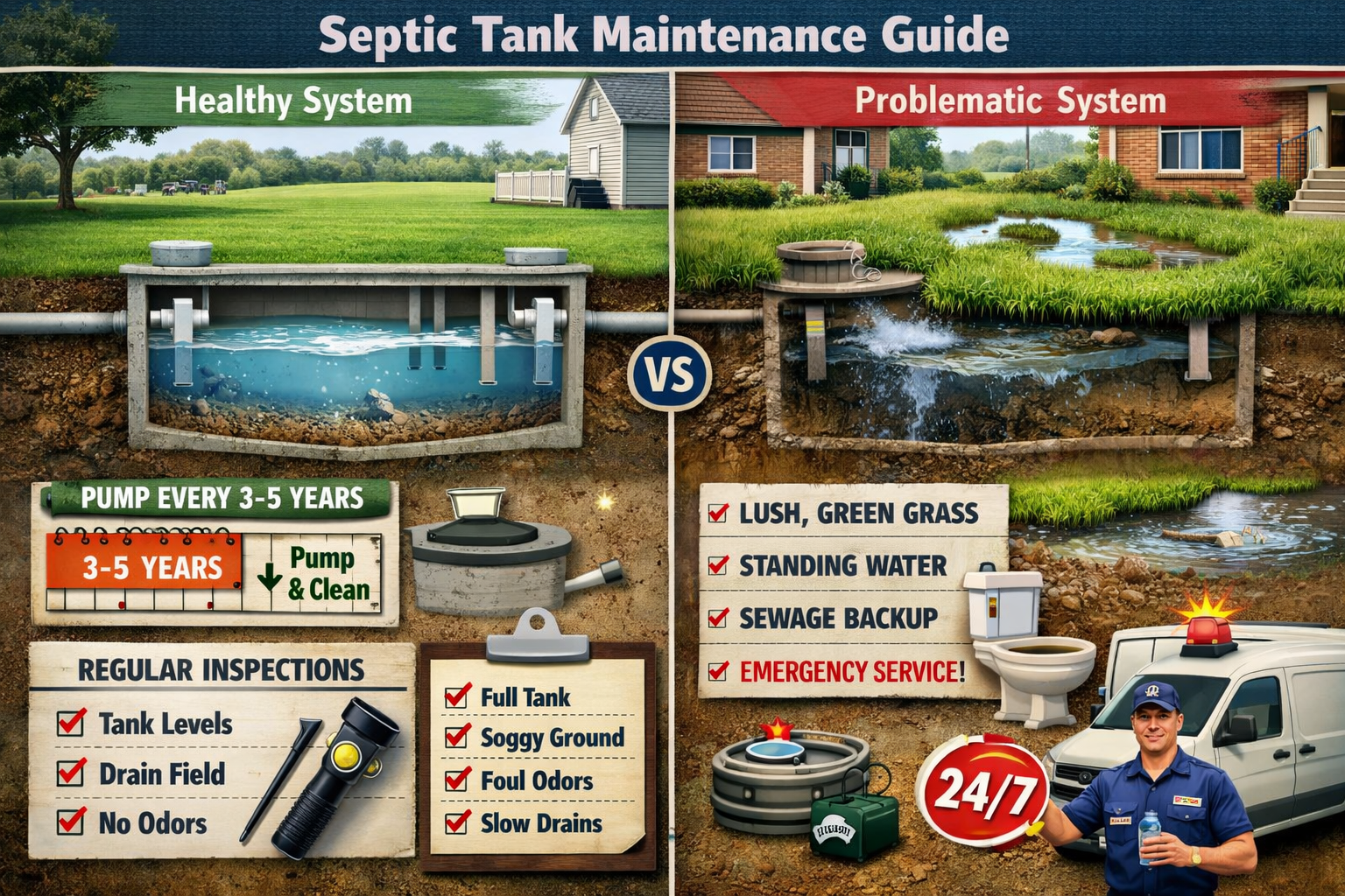 Comprehensive landscape format (1536x1024) visual guide displaying septic tank maintenance timeline and inspection checklist. Split-screen l