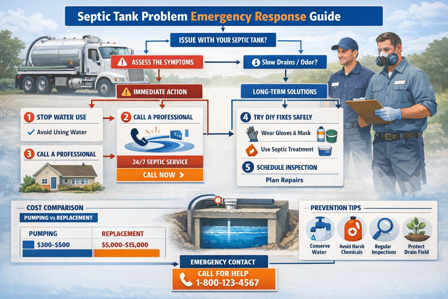 Professional landscape format (1536x1024) emergency response flowchart for septic tank problems with step-by-step action items. Visual decis