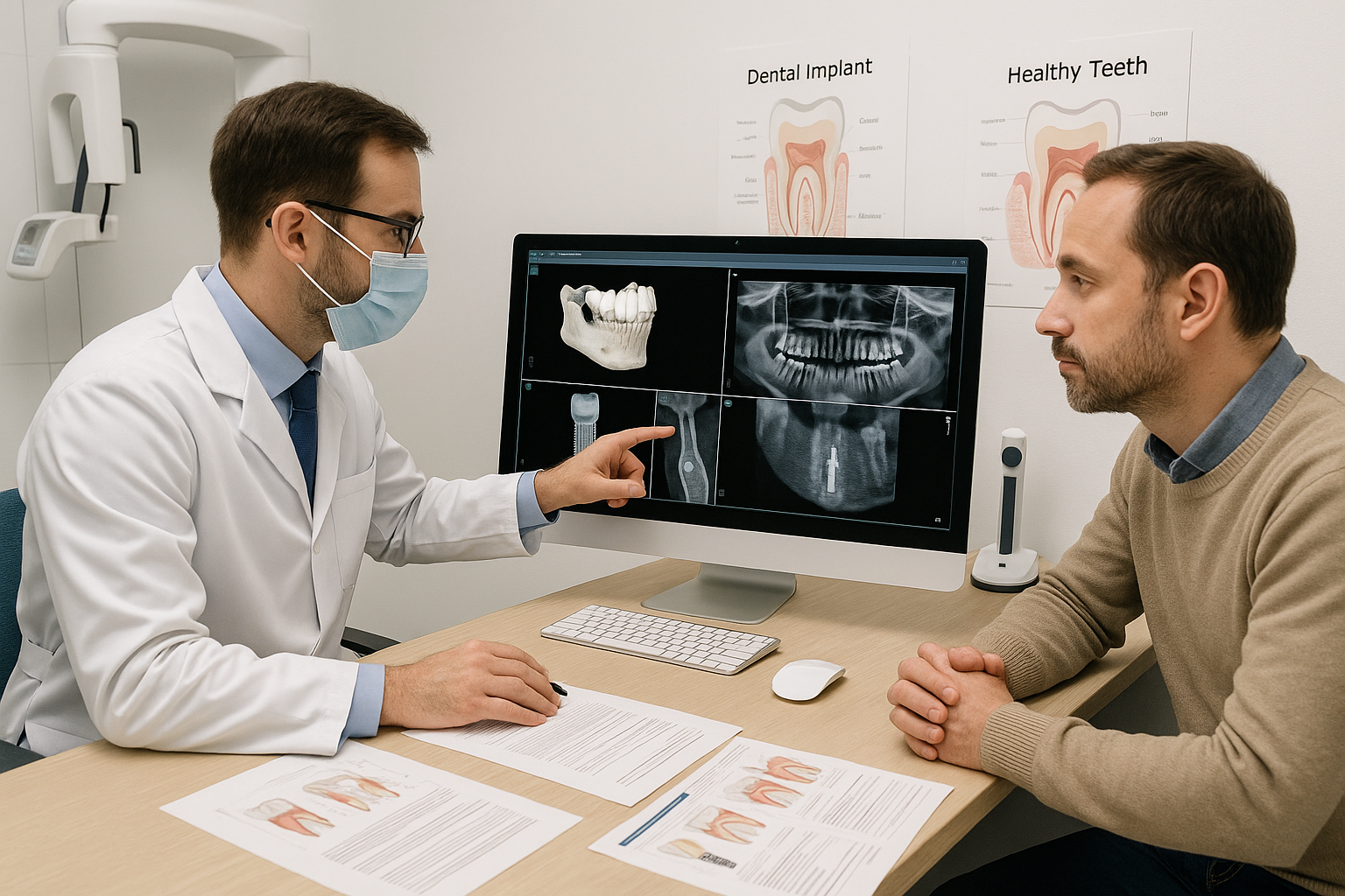 Detailed landscape image (1536x1024) showing dental consultation examination room with dentist reviewing 3D dental scans and X-rays on compu