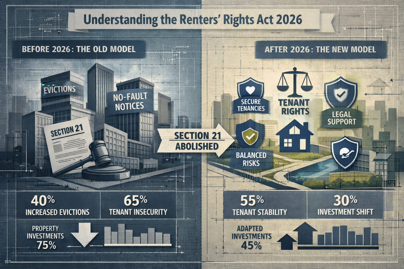 Legislative landscape visualization for Understanding the Renters' Rights Act 2026 section. Split-screen graphic comparing