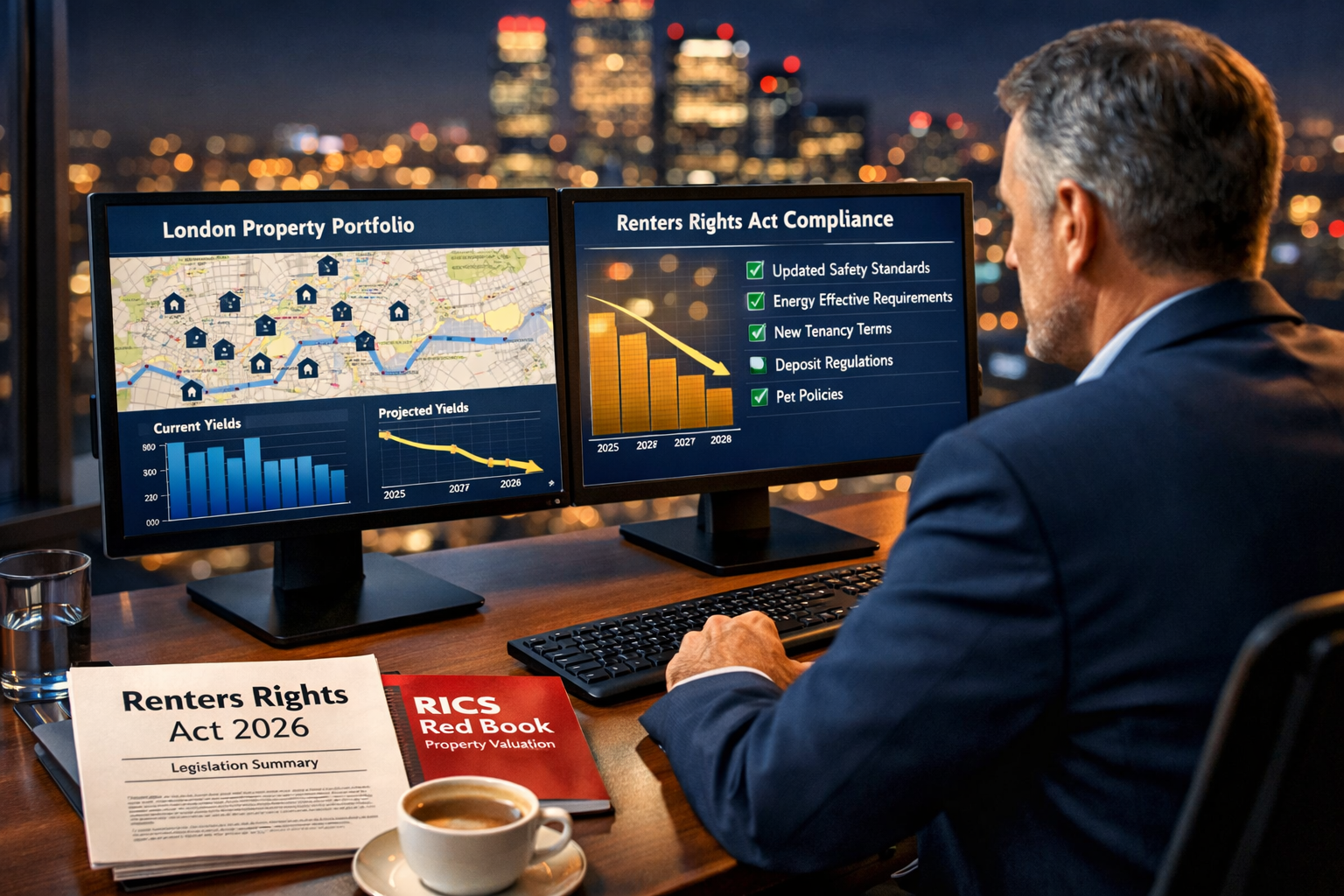 () strategic overview scene showing a buy-to-let investor at a modern desk reviewing a portfolio dashboard on dual monitors