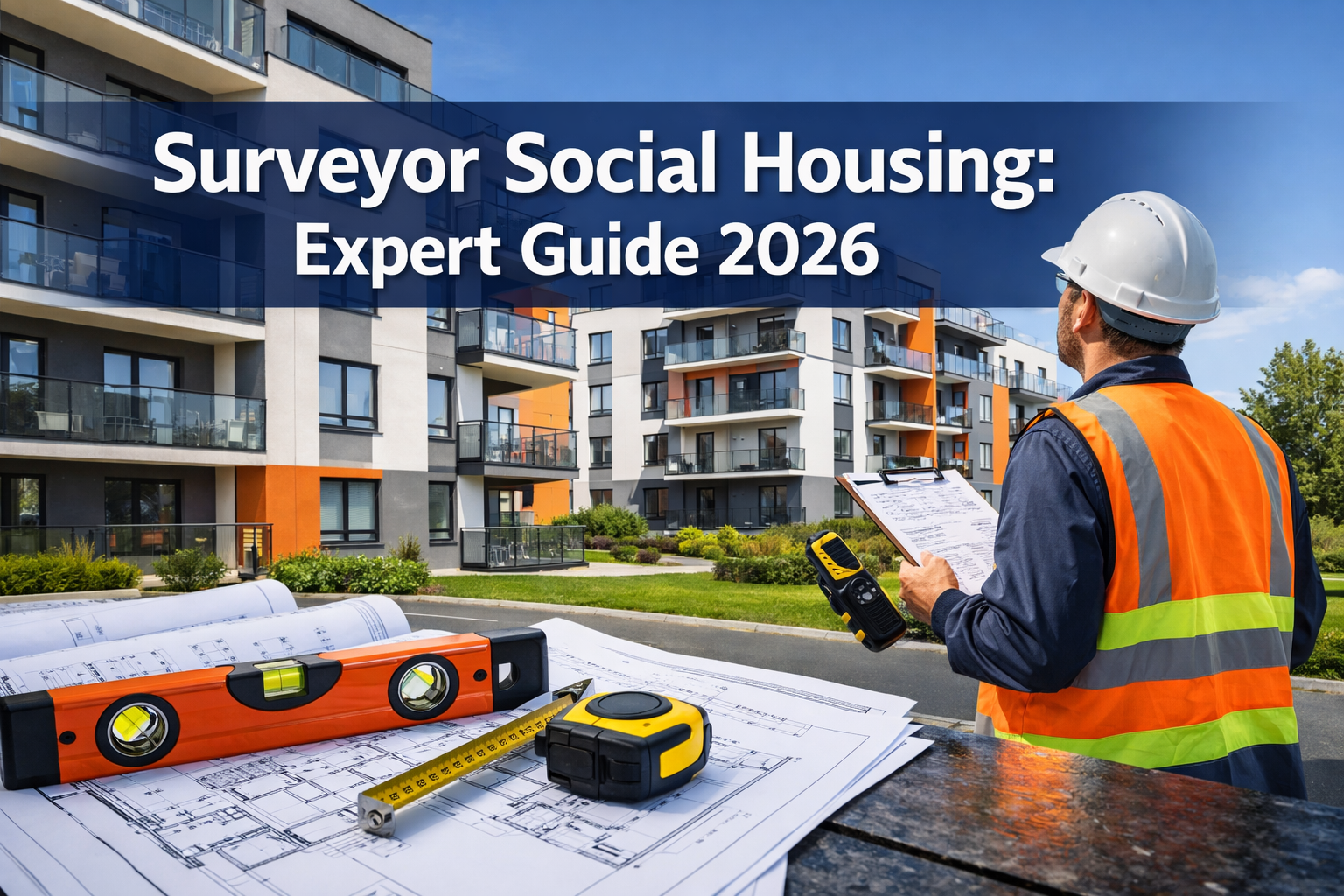 Professional landscape hero image (1536x1024) featuring bold text overlay 'Surveyor Social Housing: Expert Guide 2026' in extra large 72pt w