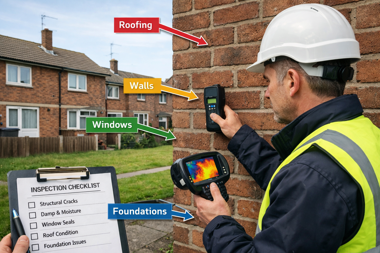 Detailed landscape editorial image (1536x1024) showing professional chartered surveyor conducting thorough inspection of social housing prop