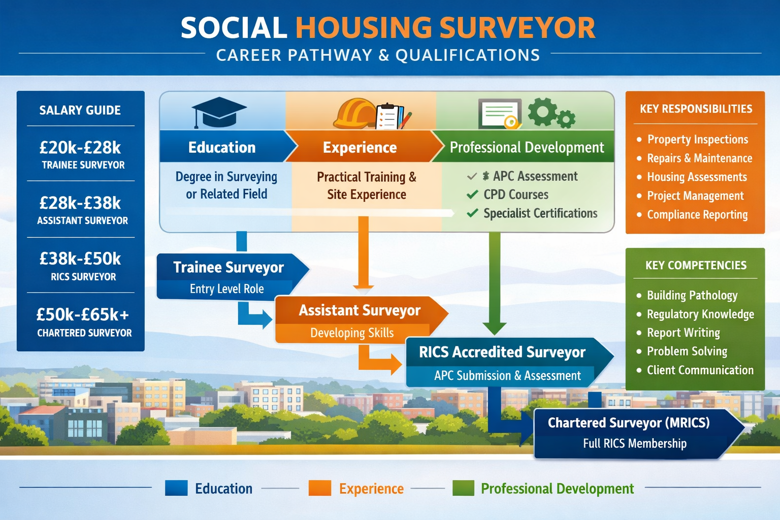 Comprehensive landscape infographic (1536x1024) displaying social housing surveyor career pathway and qualifications timeline. Visual flowch