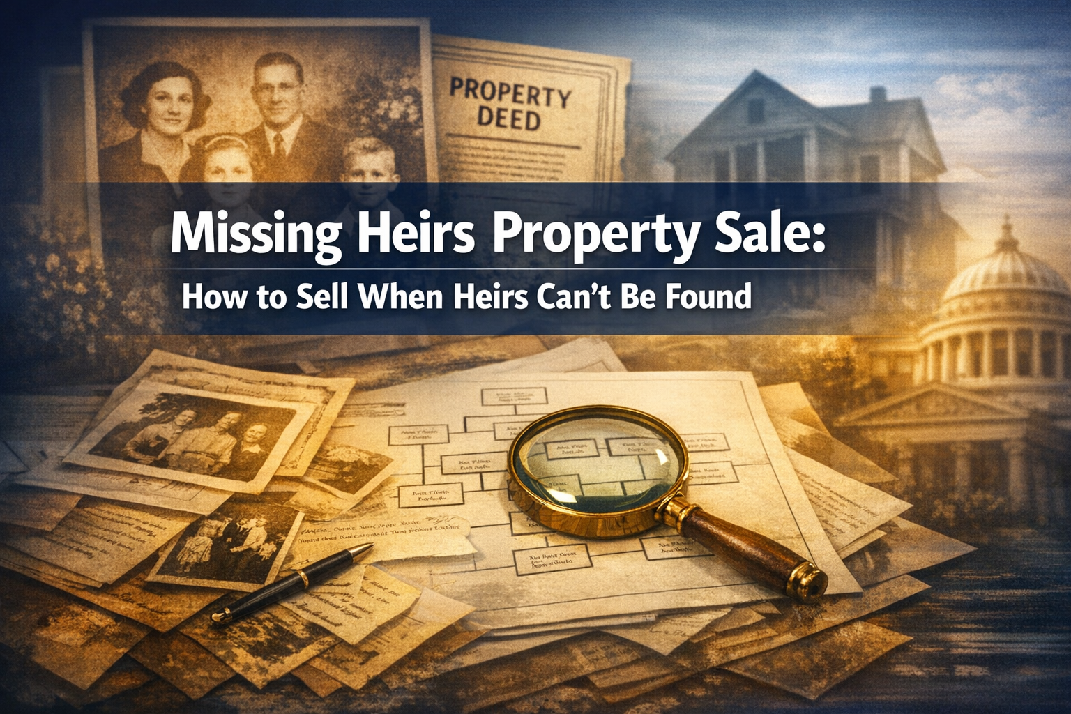 Professional landscape hero image (1536x1024) featuring bold text overlay 'Missing Heirs Property Sale: How to Sell When Heirs Can't Be Foun