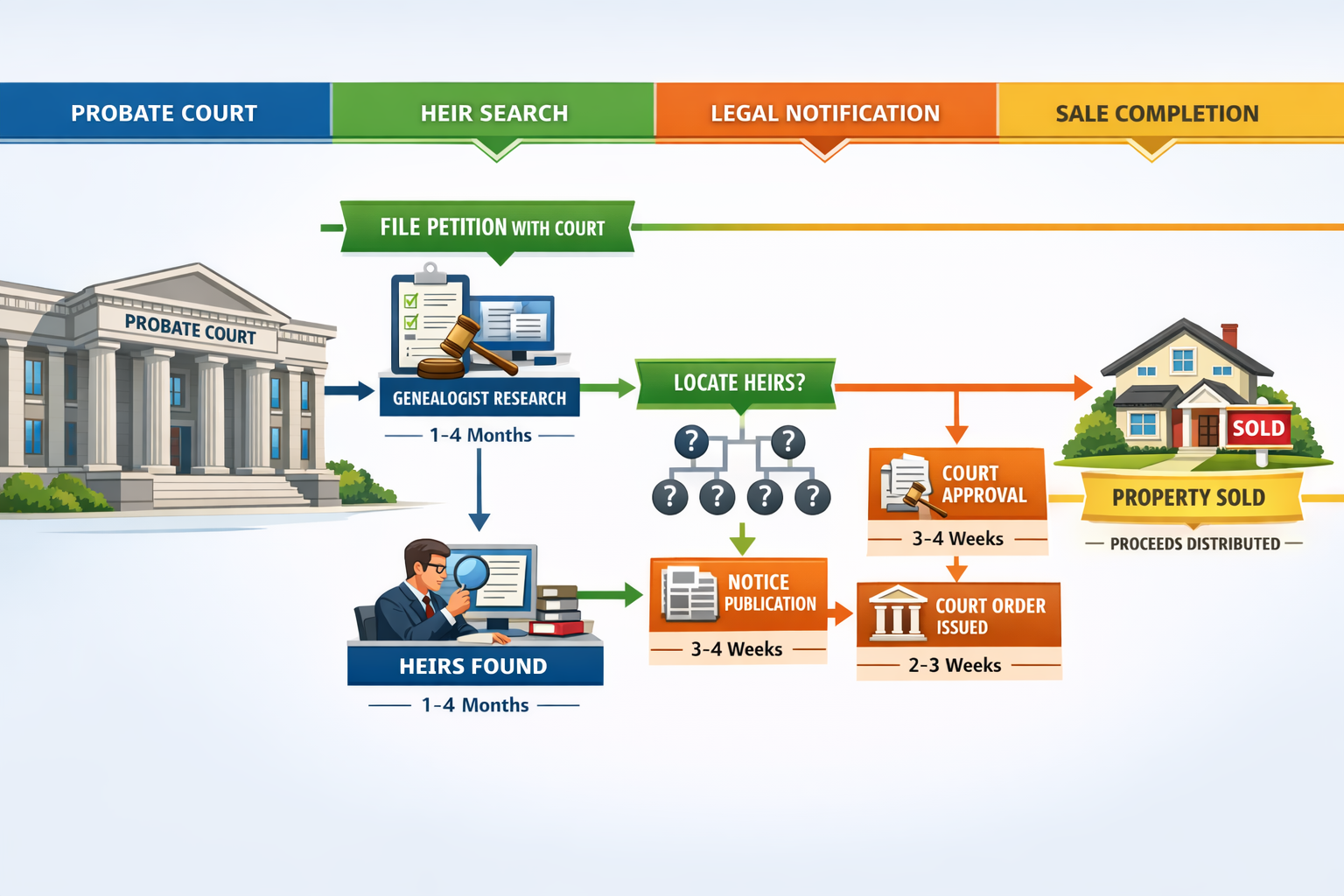 Detailed landscape illustration (1536x1024) showing step-by-step legal process flowchart for handling missing heirs in property sales. Visua