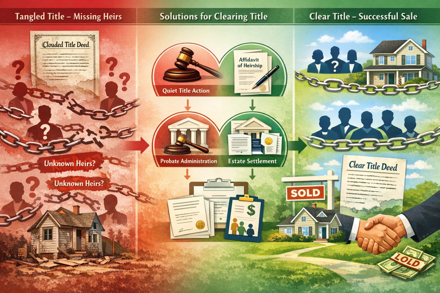 Comprehensive landscape diagram (1536x1024) illustrating property title clearing solutions for estates with missing heirs. Split-screen comp