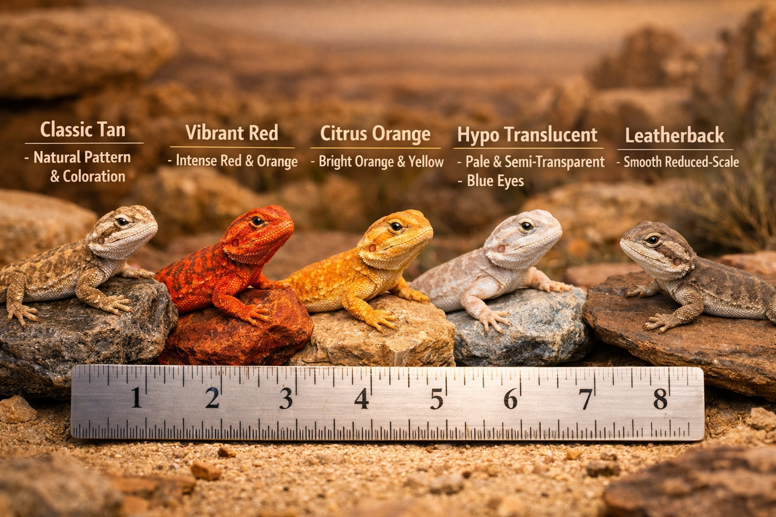 Detailed landscape image (1536x1024) showing multiple baby bearded dragon morphs side by side - classic tan, vibrant red, citrus orange, hyp