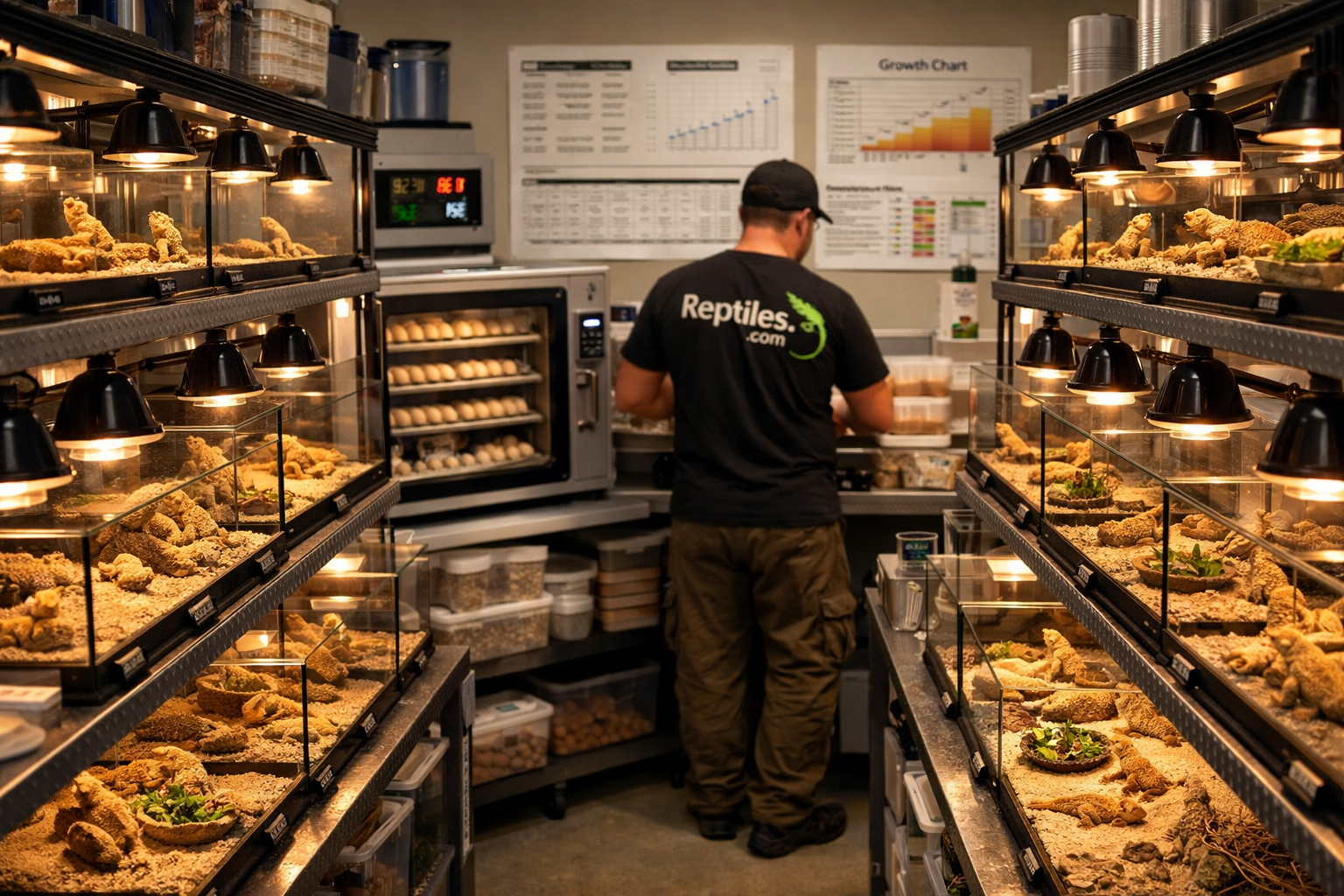 Professional reptile breeding facility interior (1536x1024) showing rows of clean glass terrariums housing baby bearded dragons at different
