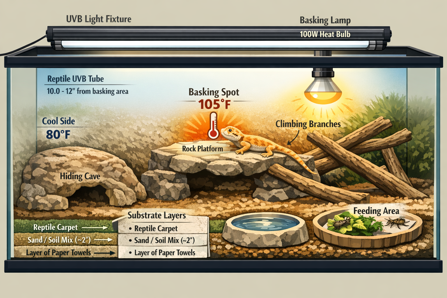 Detailed baby bearded dragon habitat setup guide (1536x1024) showing complete terrarium cross-section view with labeled components: UVB ligh